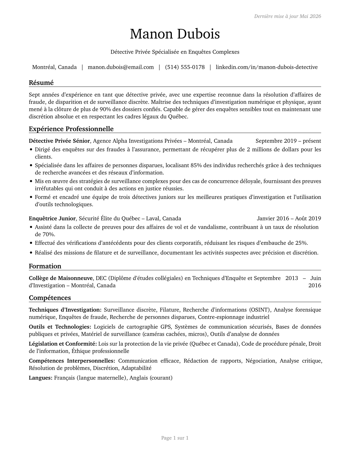Private Detectives and Investigators CV in French — page 1