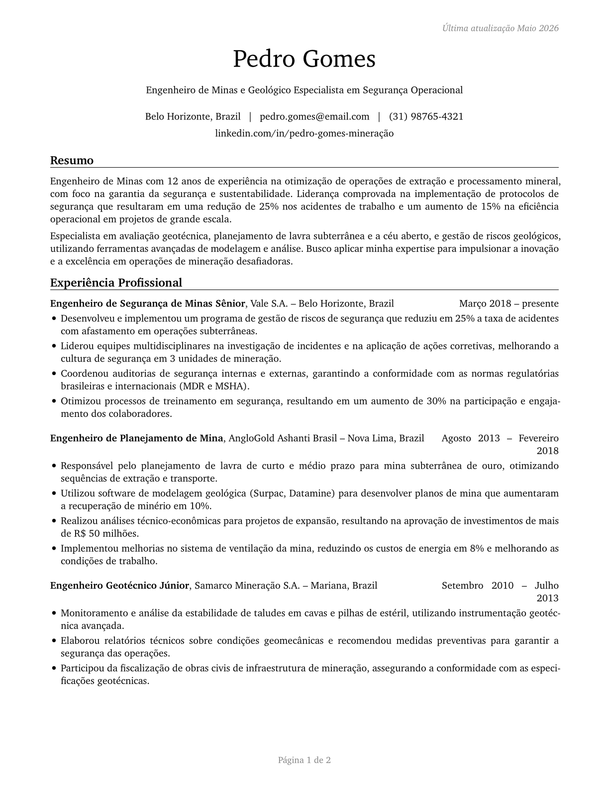Mining and Geological Engineers, Including Mining Safety Engineers CV in Portuguese — page 1
