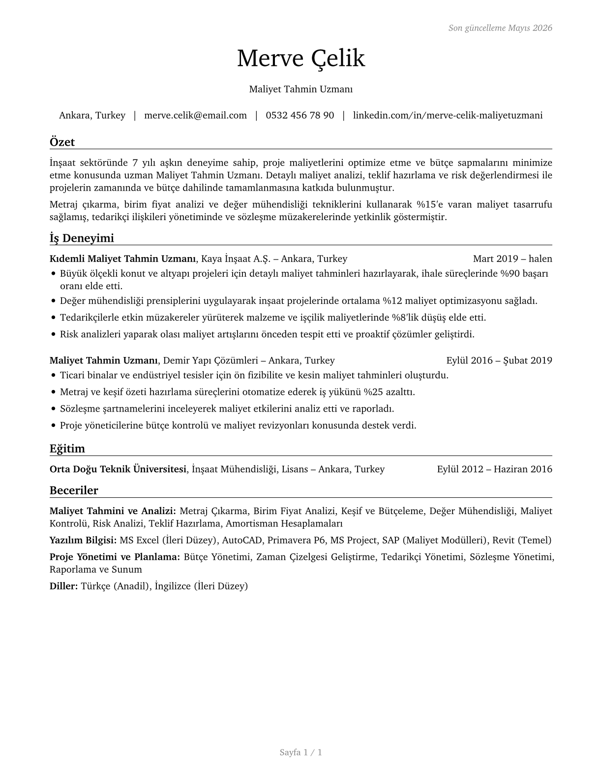 Cost Estimators CV in Turkish — page 1