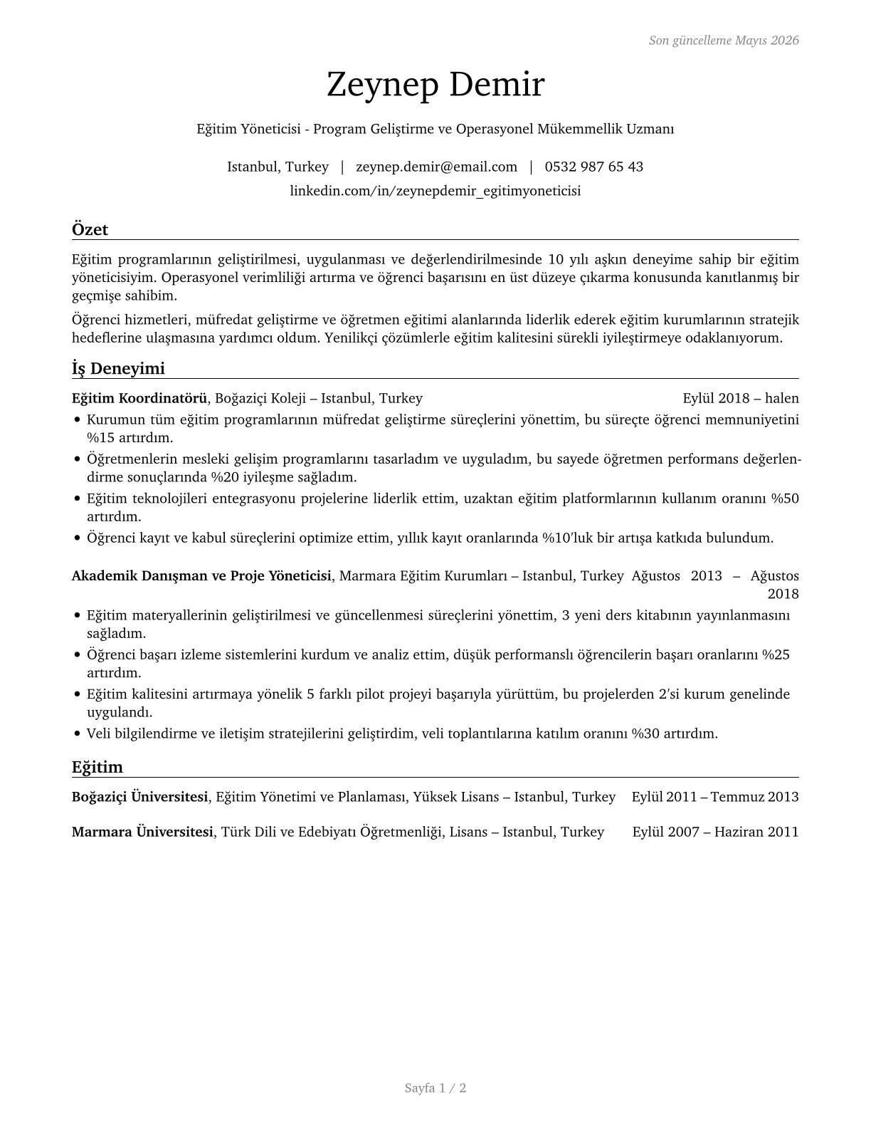Education Administrators, All Other CV in Turkish — page 1