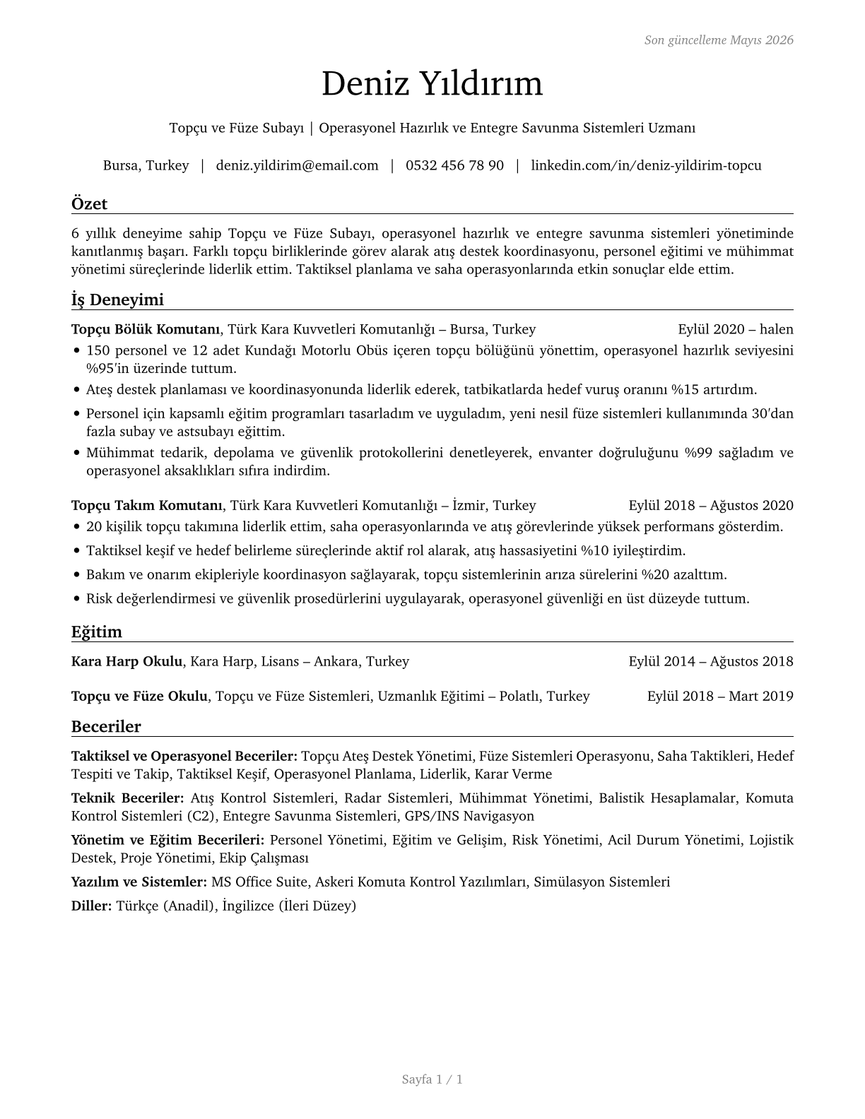 Artillery and Missile Officers CV in Turkish — page 1