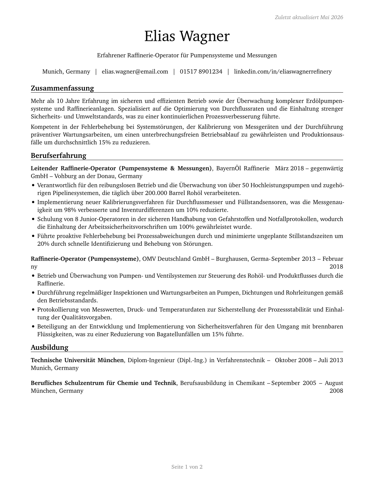 Petroleum Pump System Operators, Refinery Operators, and Gaugers CV in German — page 1