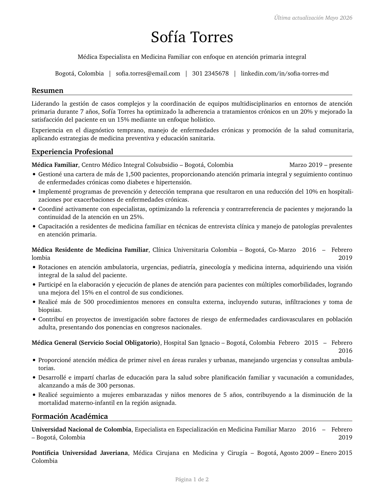 Family Medicine Physicians CV in Spanish — page 1