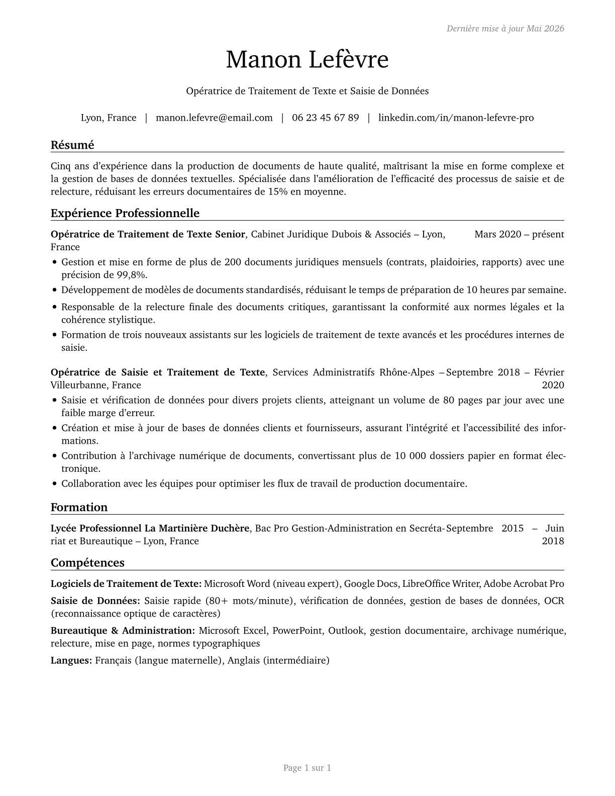 Word Processors and Typists CV in French — page 1