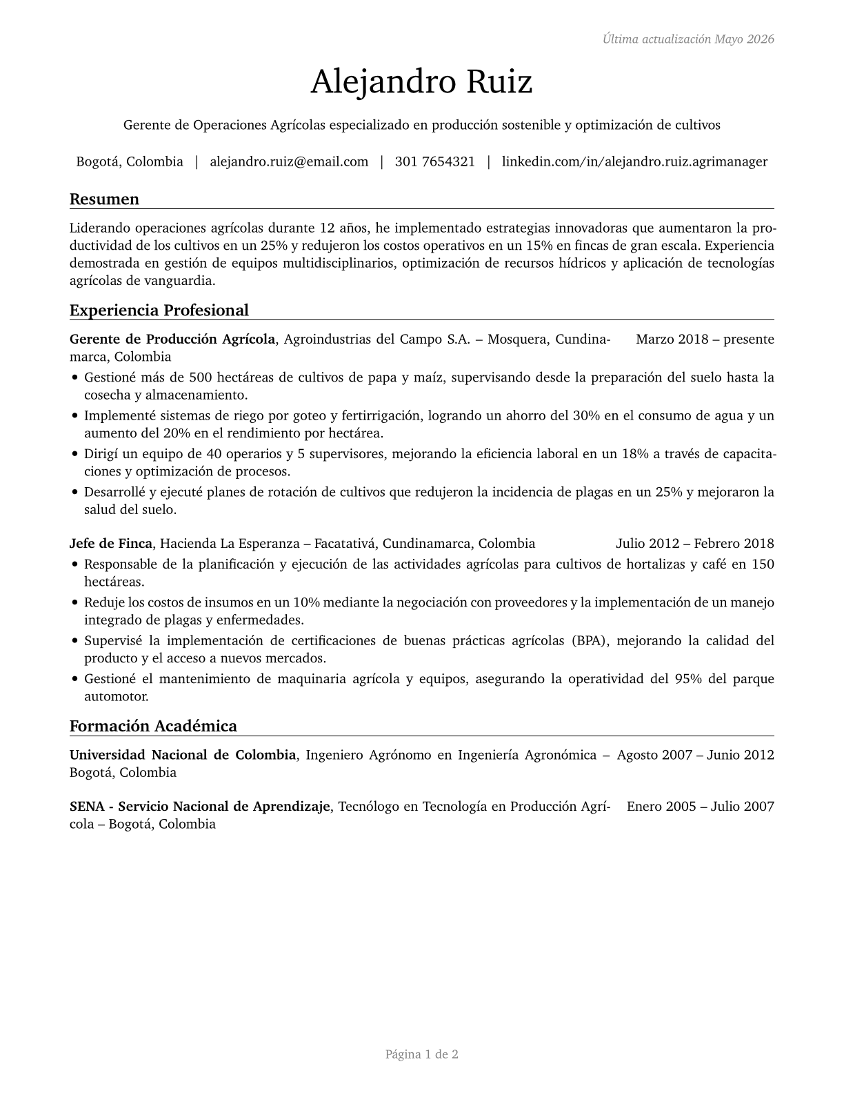 Farmers, Ranchers, and Other Agricultural Managers CV in Spanish — page 1
