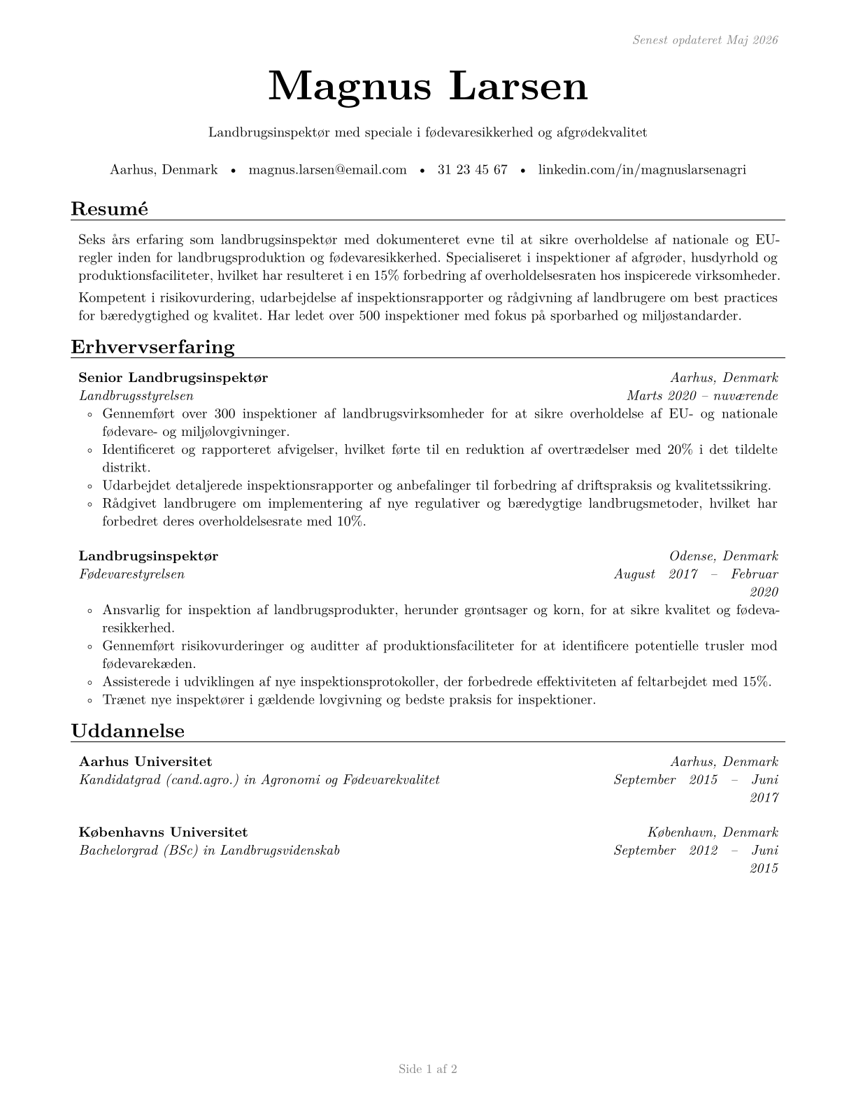 Agricultural Inspectors CV in Danish — page 1