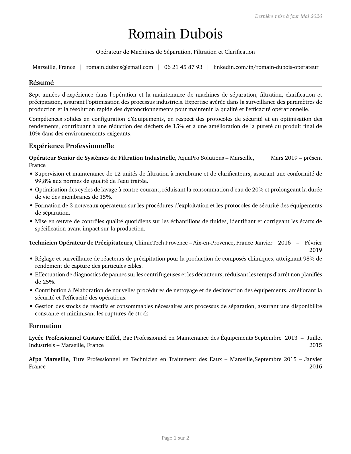 Separating, Filtering, Clarifying, Precipitating, and Still Machine Setters, Operators, and Tenders CV in French — page 1