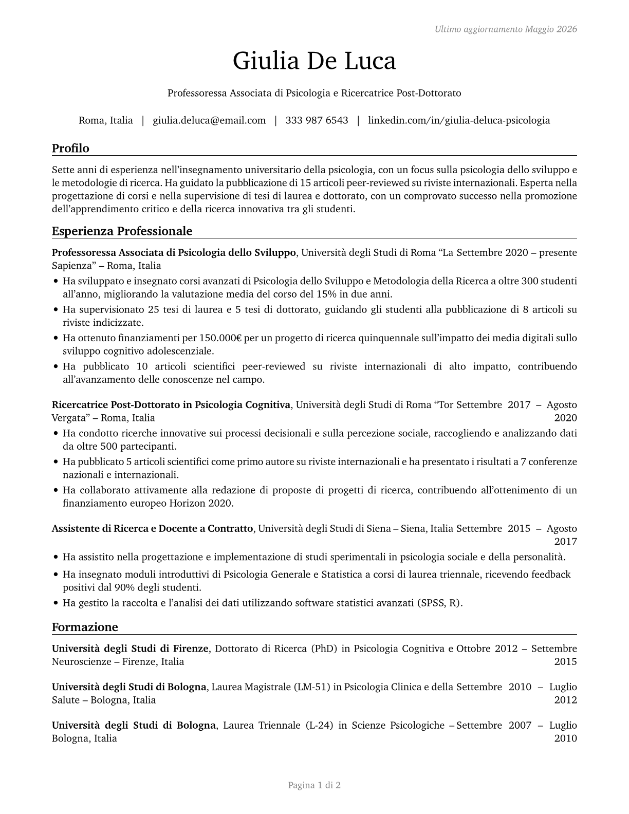 Psychology Teachers, Postsecondary CV in Italian — page 1