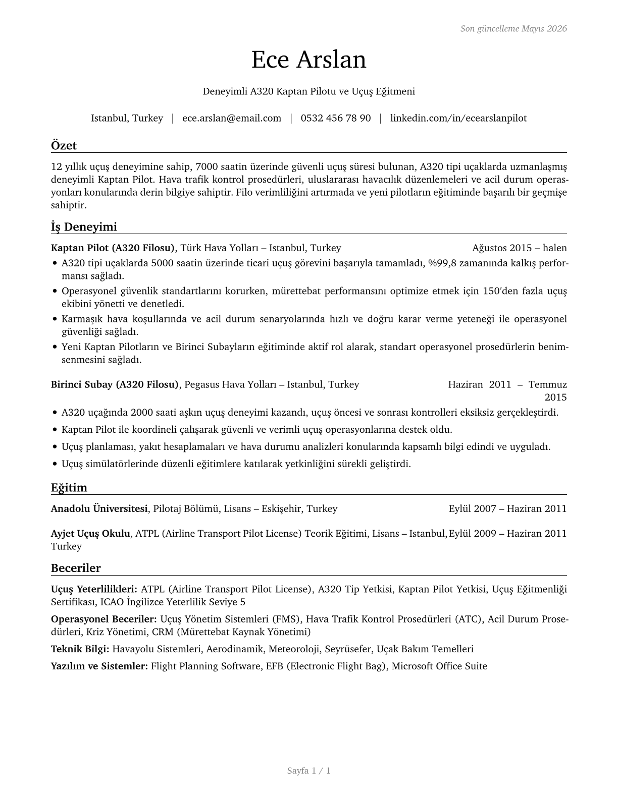Airline Pilots, Copilots, and Flight Engineers CV in Turkish — page 1