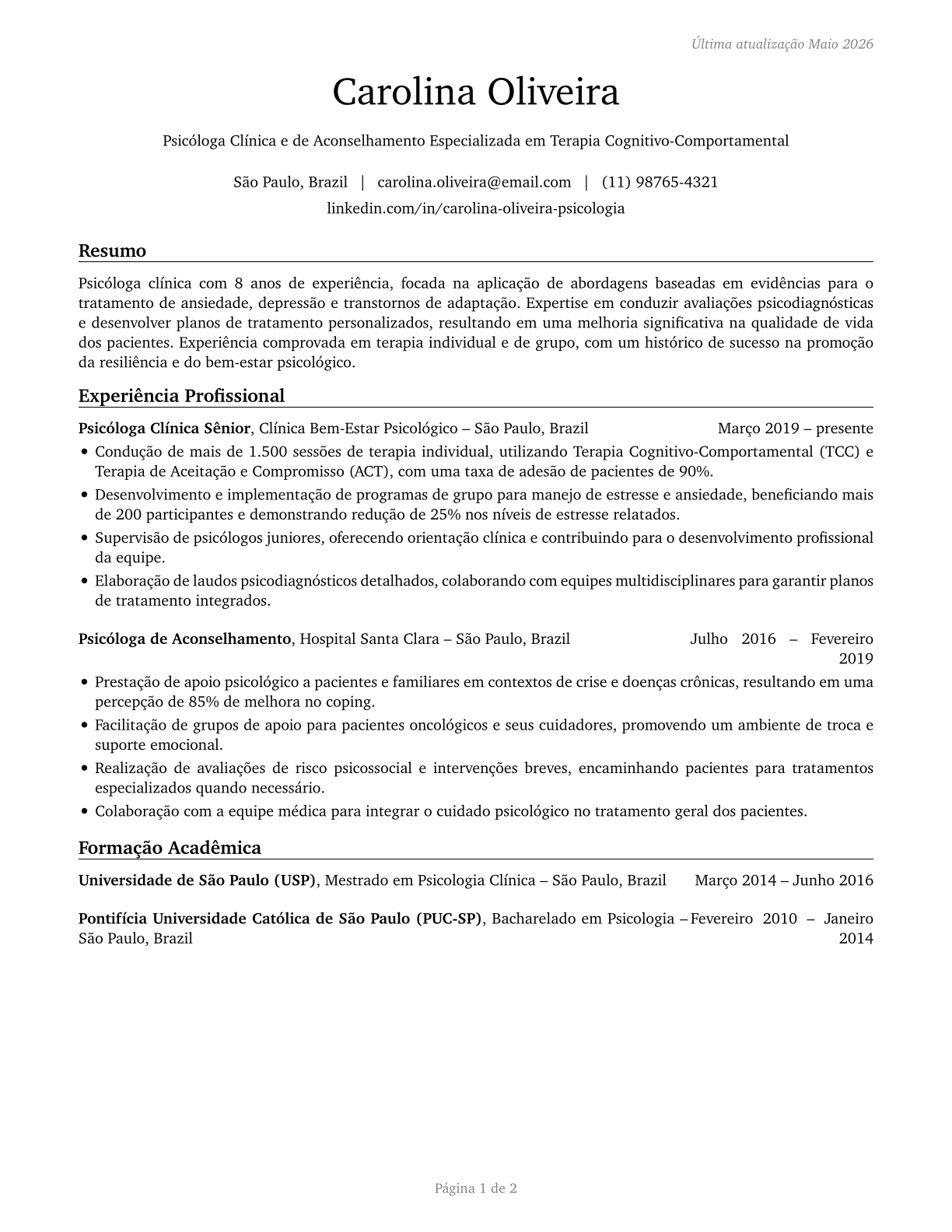 Clinical and Counseling Psychologists CV in Portuguese — page 1
