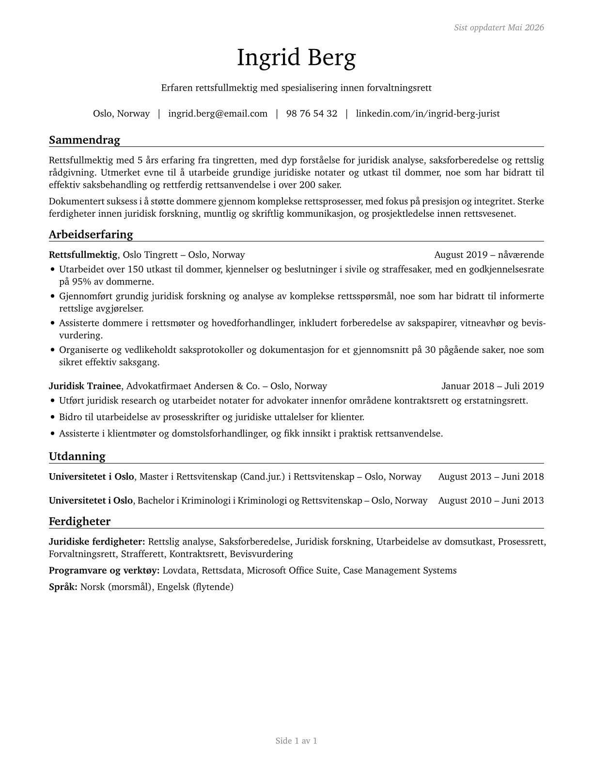 Judicial Law Clerks CV in Norwegian_bokmal — page 1