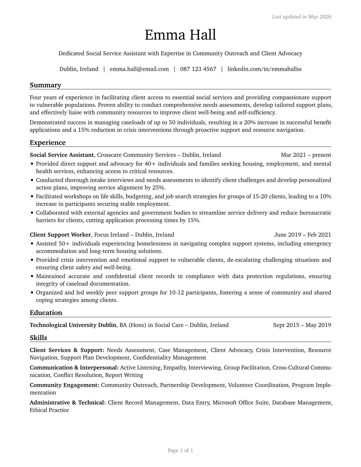 Social and Human Service Assistants CV in English — page 1
