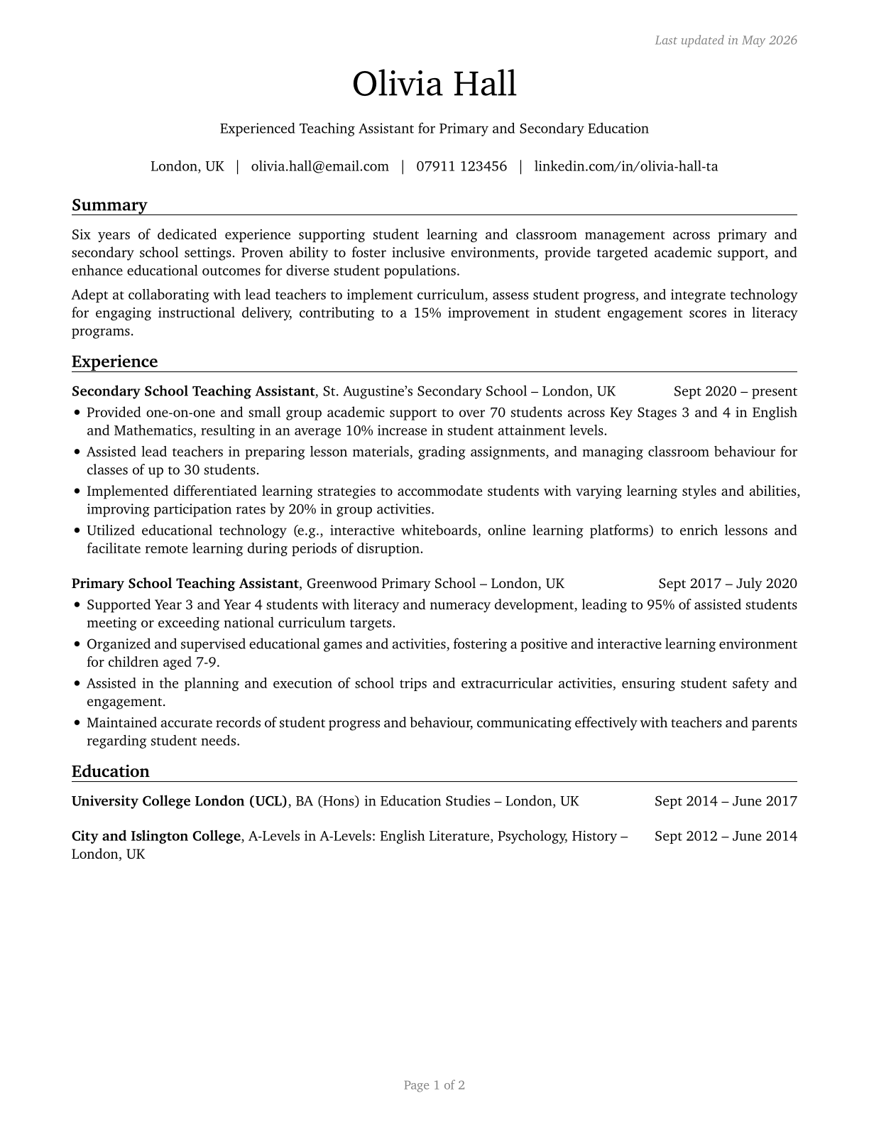 Teaching Assistants, Preschool, Elementary, Middle, and Secondary School, Except Special Education CV in English — page 1