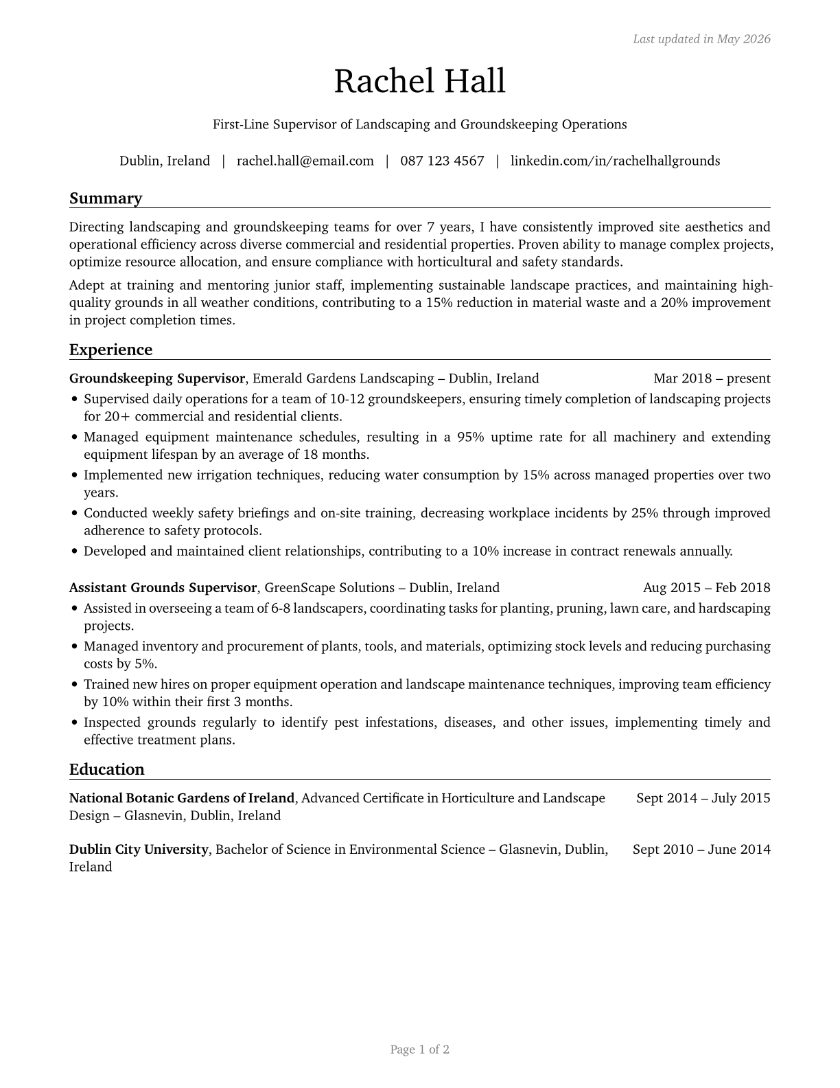 First-Line Supervisors of Landscaping, Lawn Service, and Groundskeeping Workers CV in English — page 1