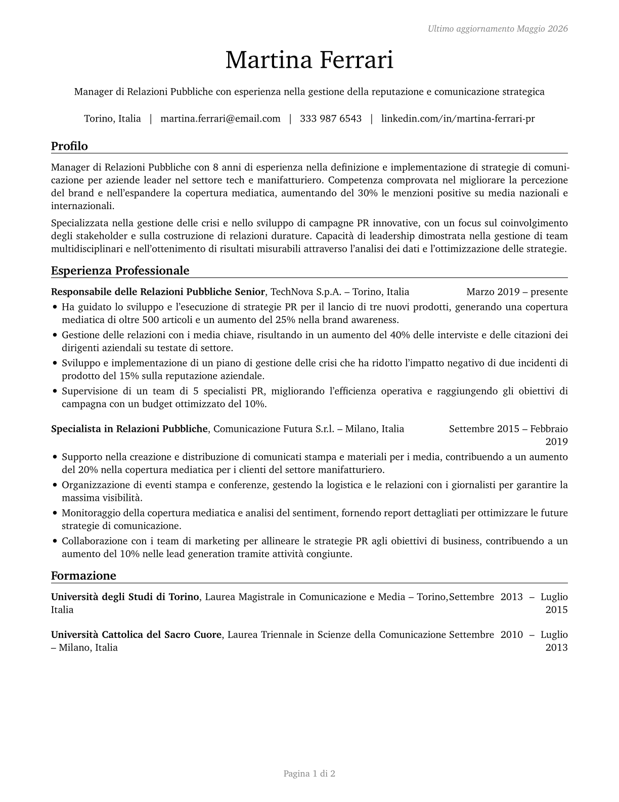 Public Relations Managers CV in Italian — page 1