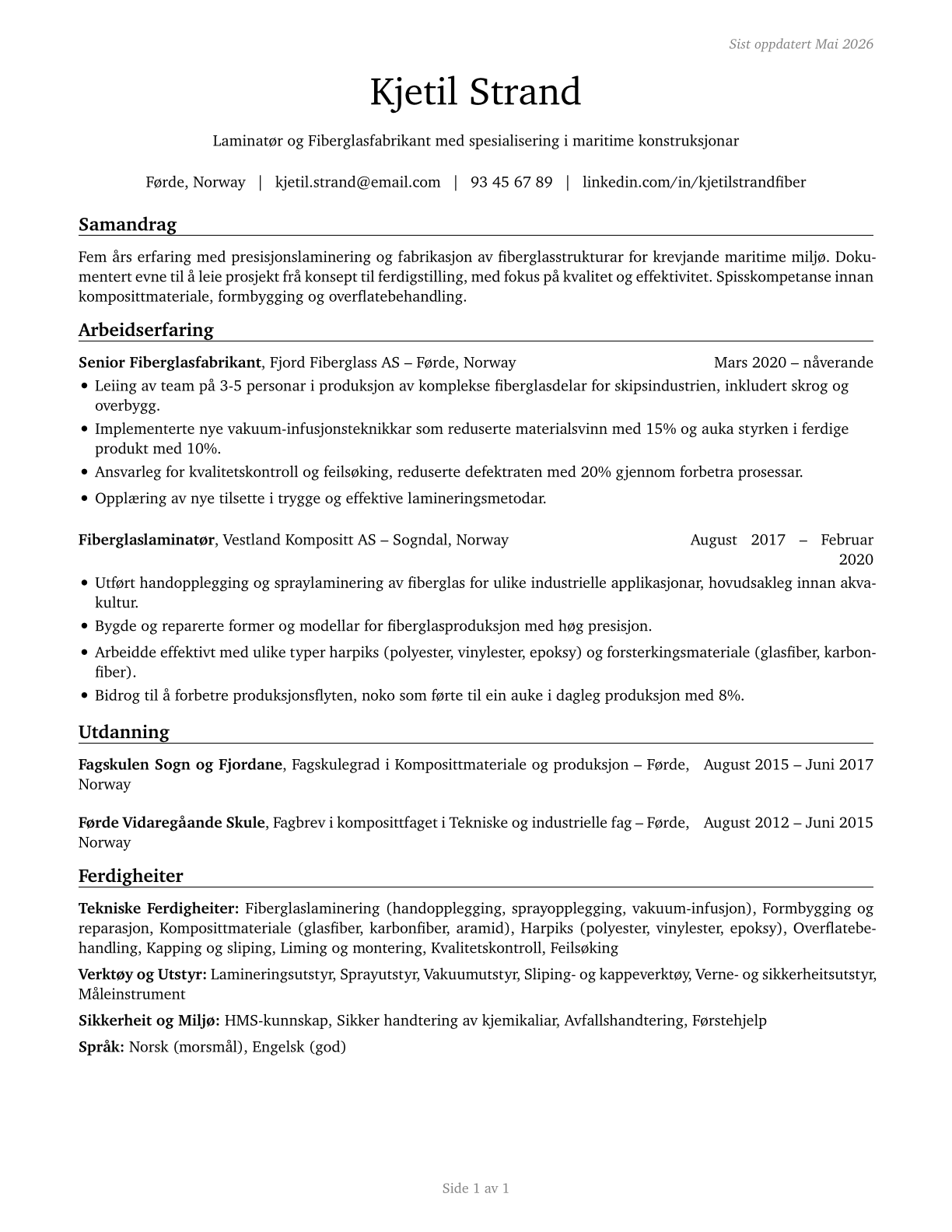 Fiberglass Laminators and Fabricators CV in Norwegian_nynorsk — page 1