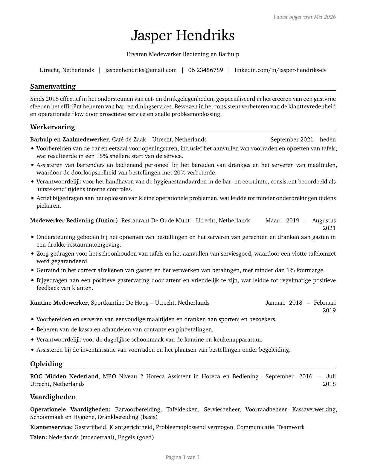 Dining Room and Cafeteria Attendants and Bartender Helpers CV in Dutch — page 1