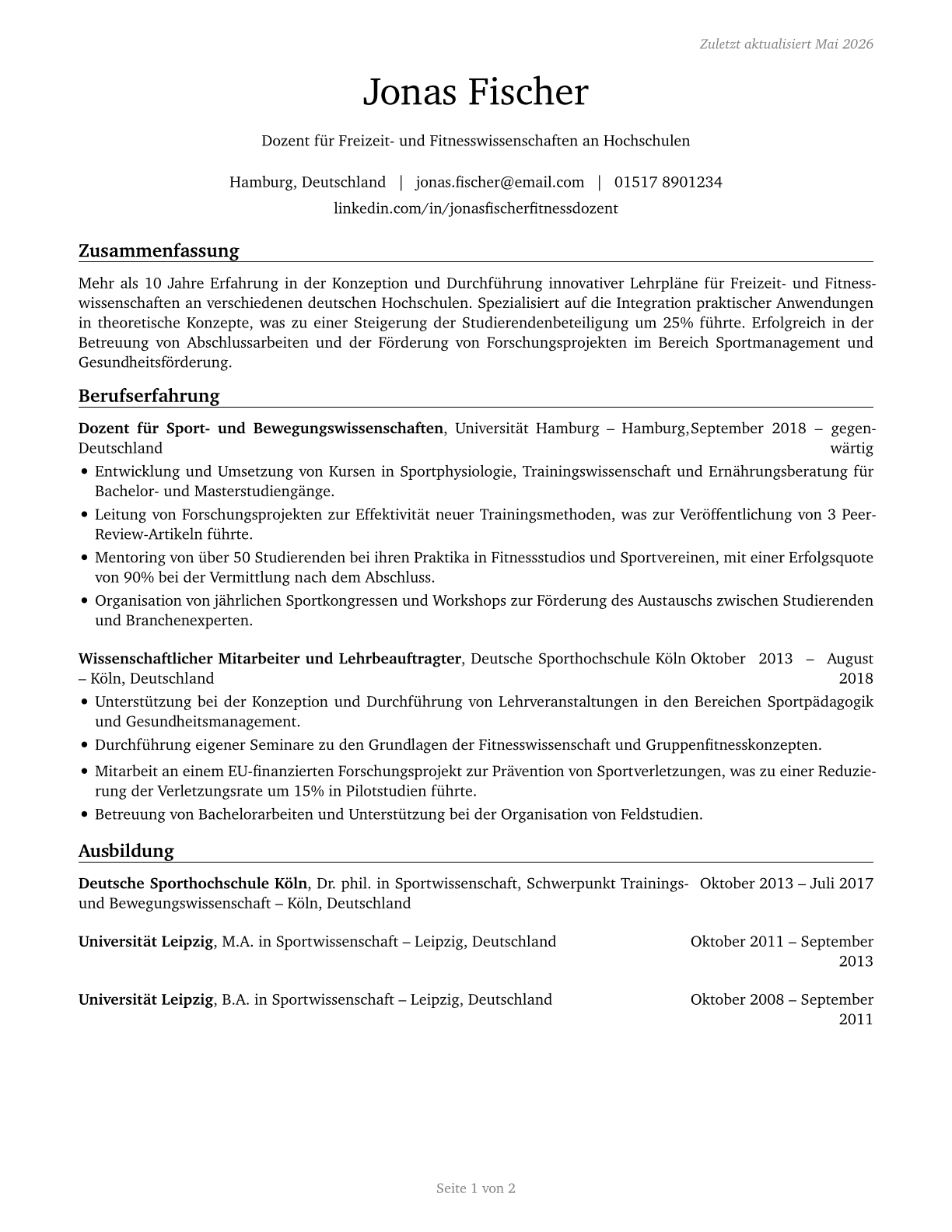 Recreation and Fitness Studies Teachers, Postsecondary CV in German — page 1