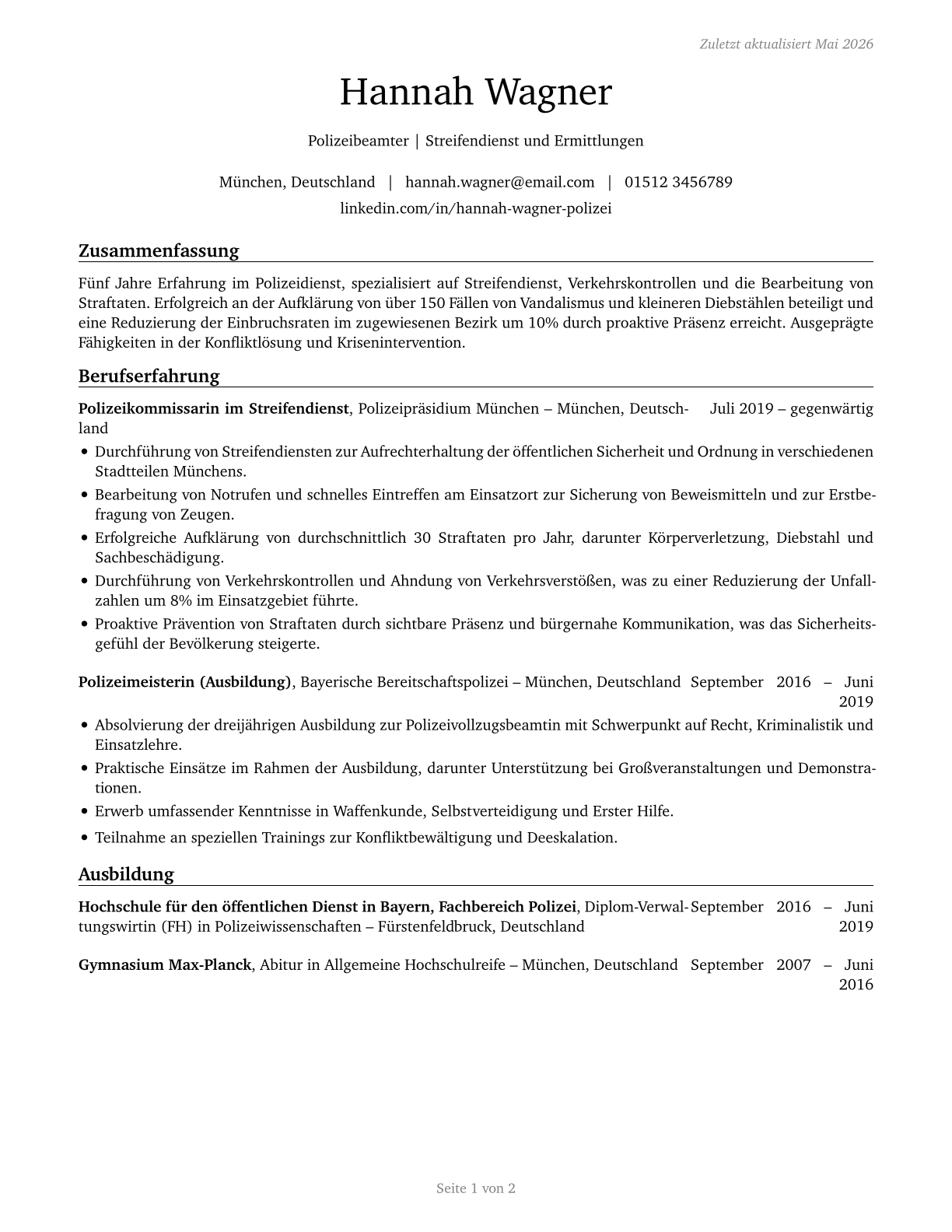 Police and Sheriff's Patrol Officers CV in German — page 1