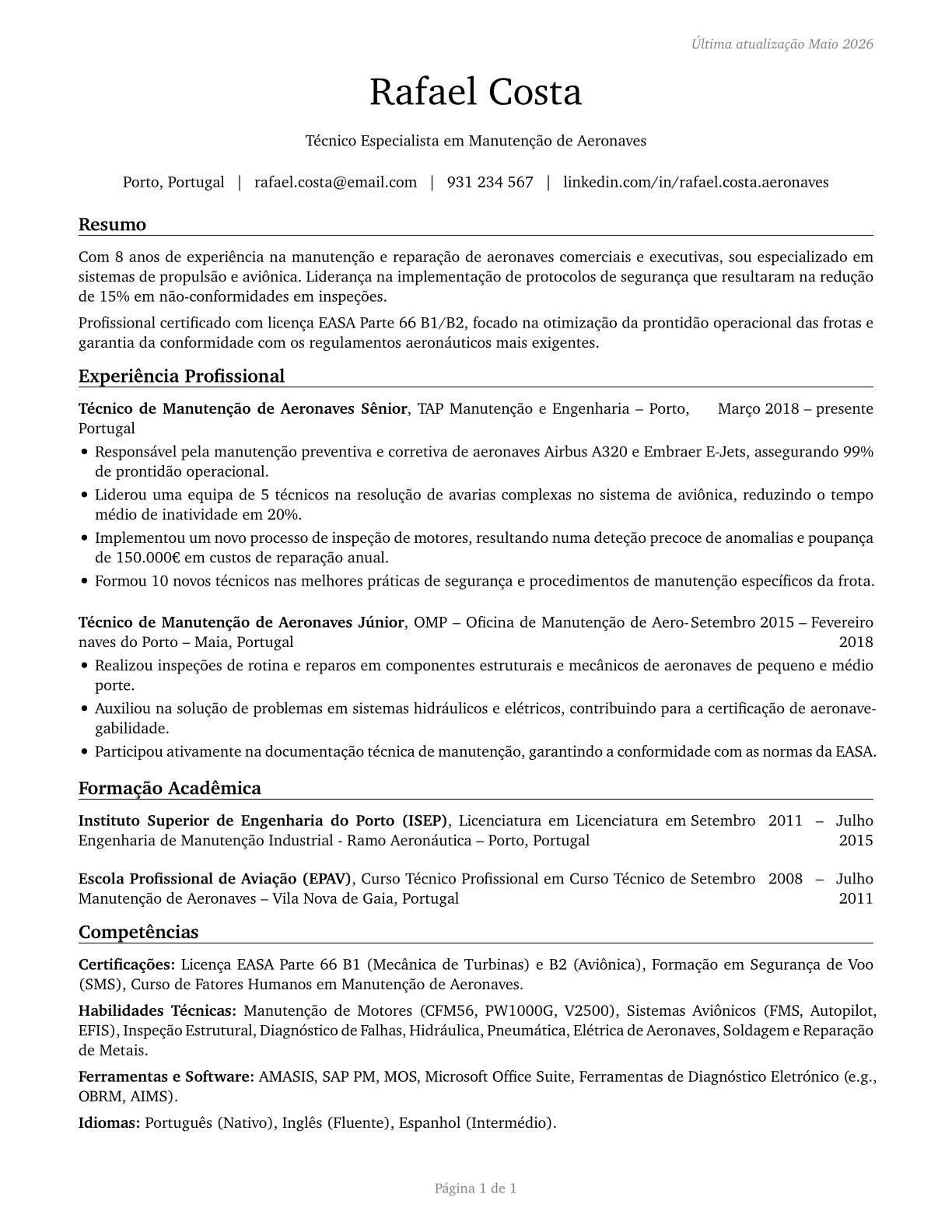 Aircraft Mechanics and Service Technicians CV in Portuguese — page 1
