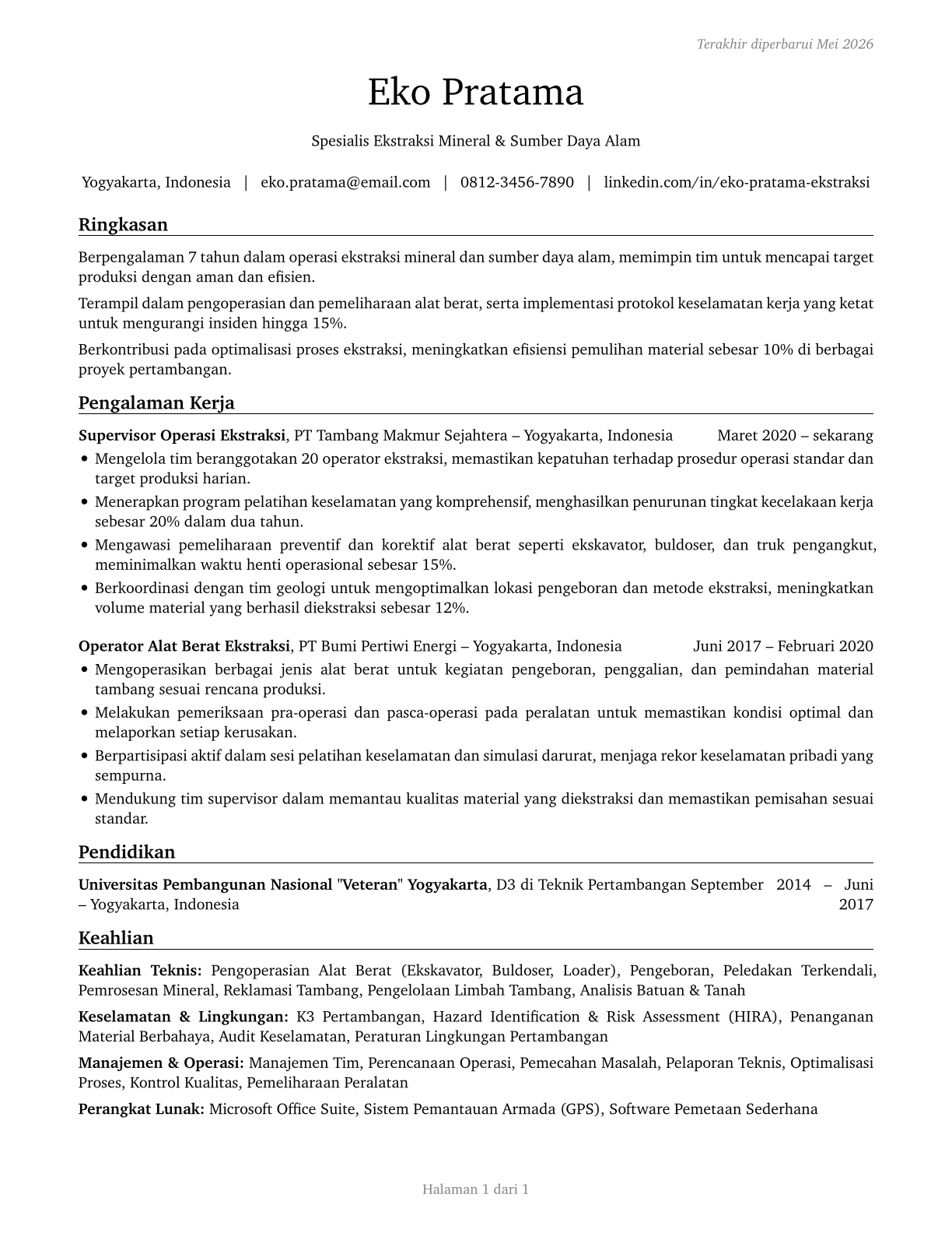 Extraction Workers, All Other CV in Indonesian — page 1