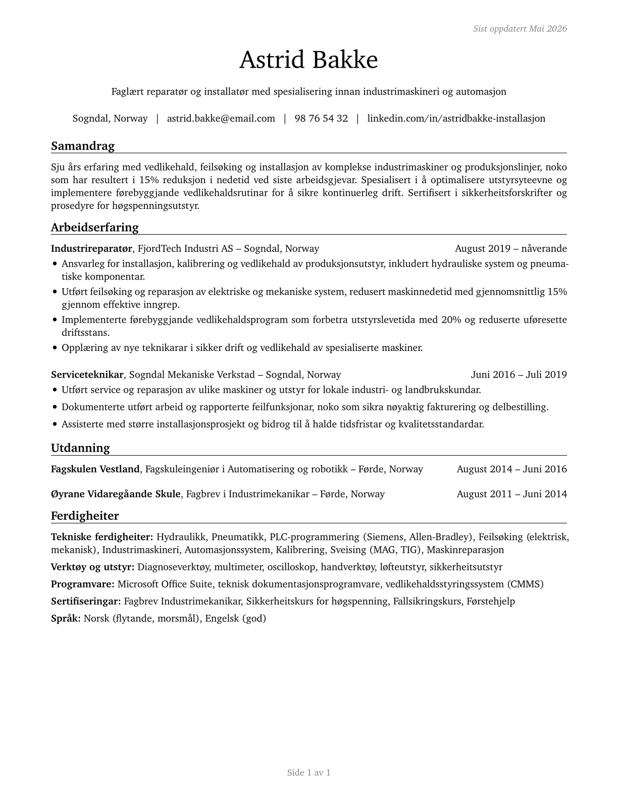 Installation, Maintenance, and Repair Workers, All Other CV in Norwegian_nynorsk — page 1