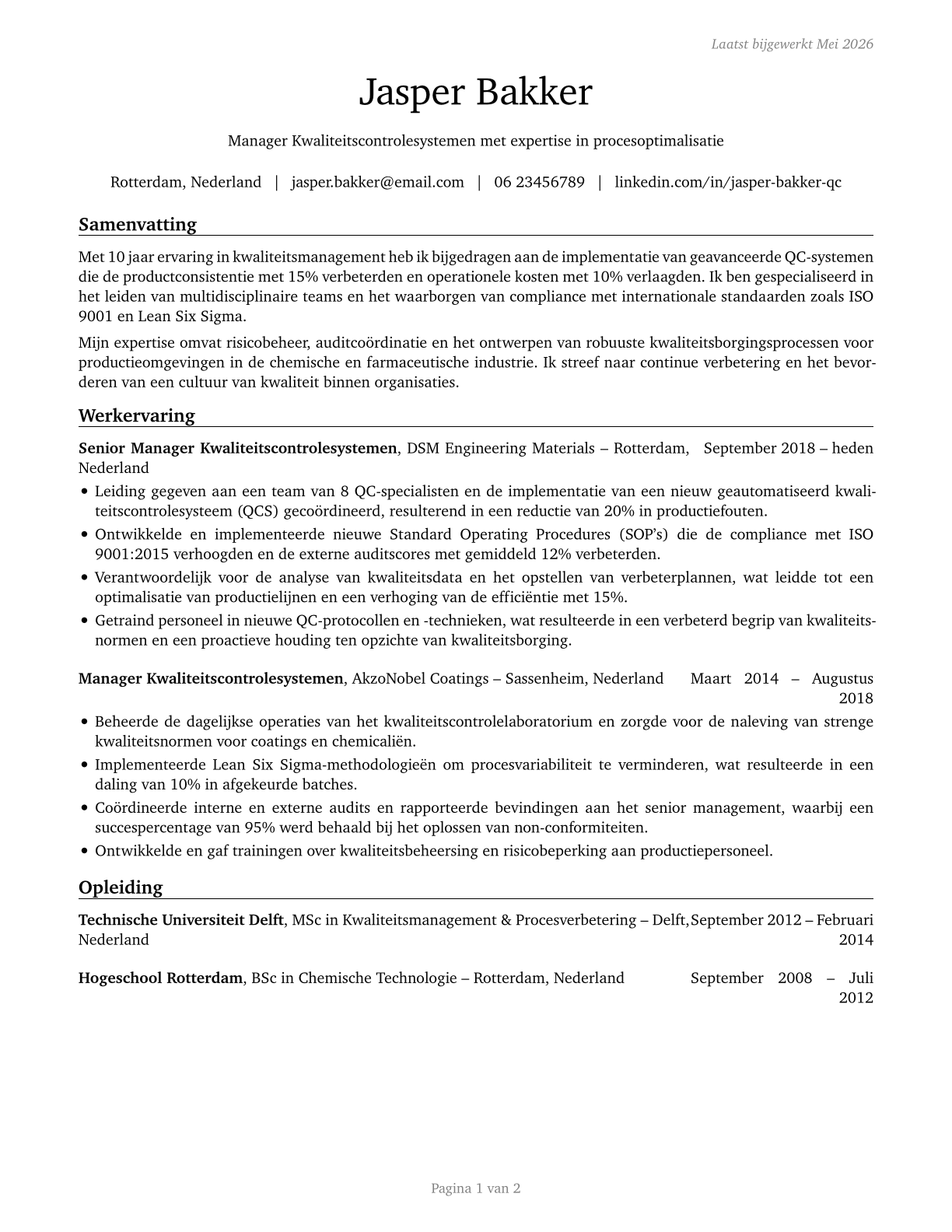 Quality Control Systems Managers CV in Dutch — page 1