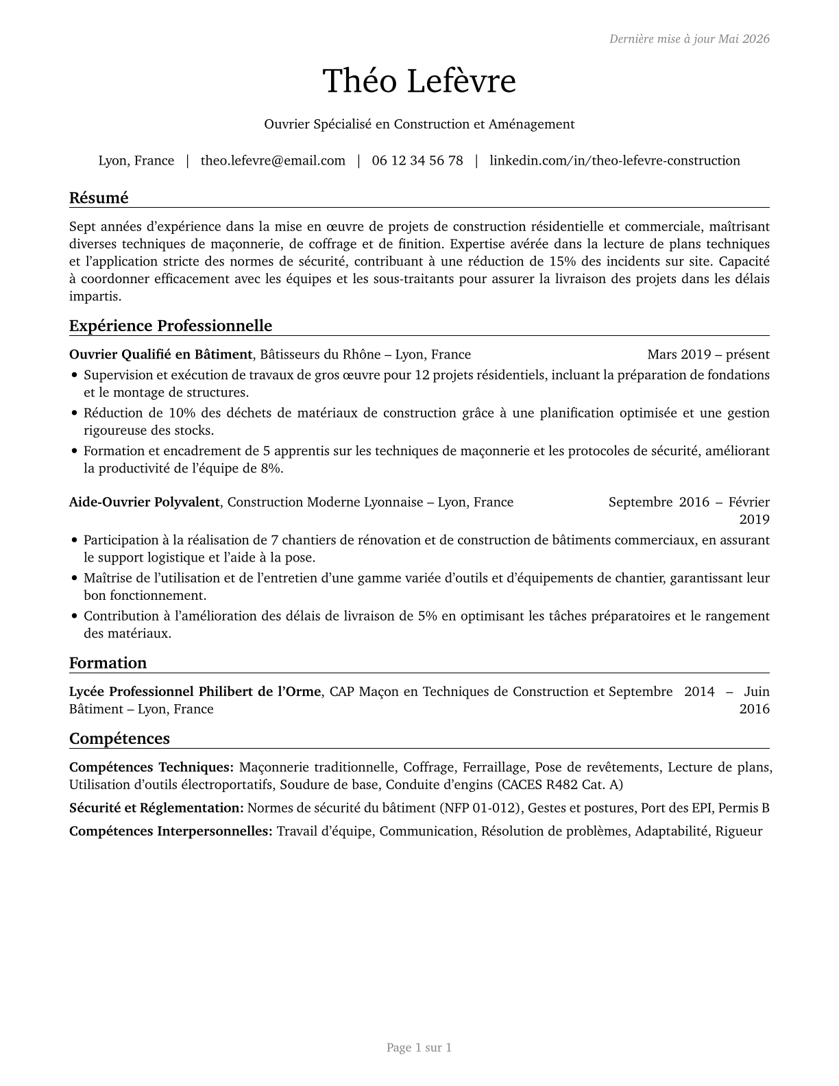 Construction and Related Workers, All Other CV in French — page 1