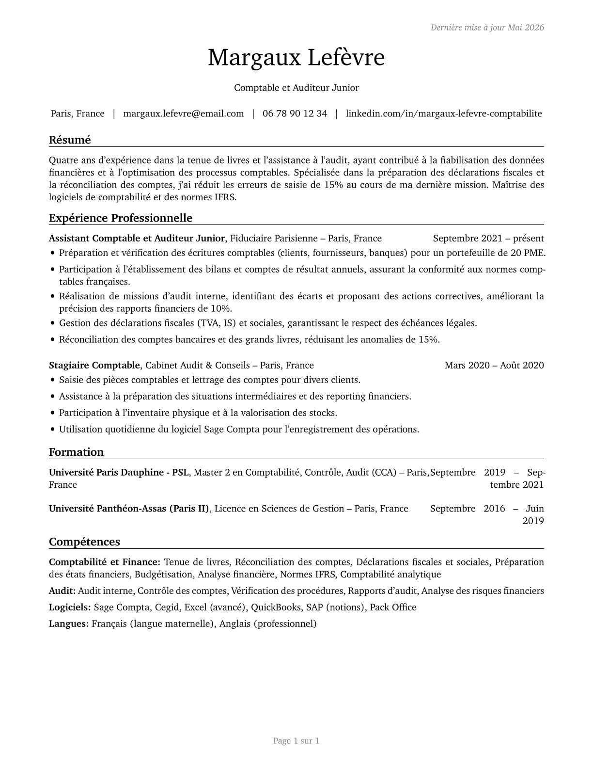 Bookkeeping, Accounting, and Auditing Clerks CV in French — page 1