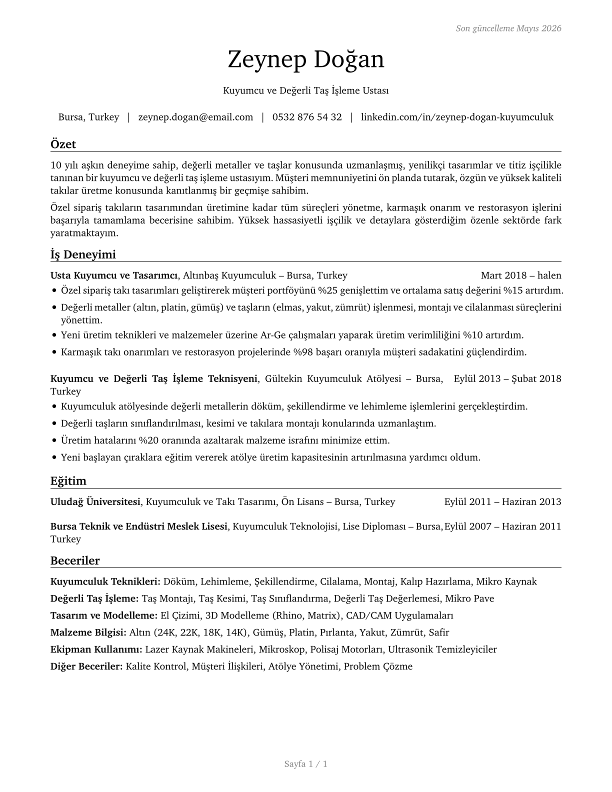 Jewelers and Precious Stone and Metal Workers CV in Turkish — page 1