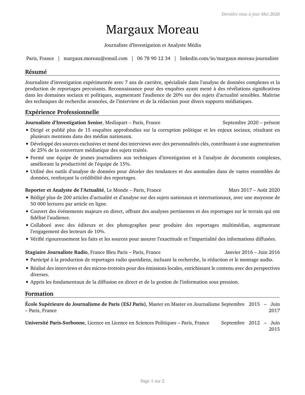 News Analysts, Reporters, and Journalists CV in French — page 1