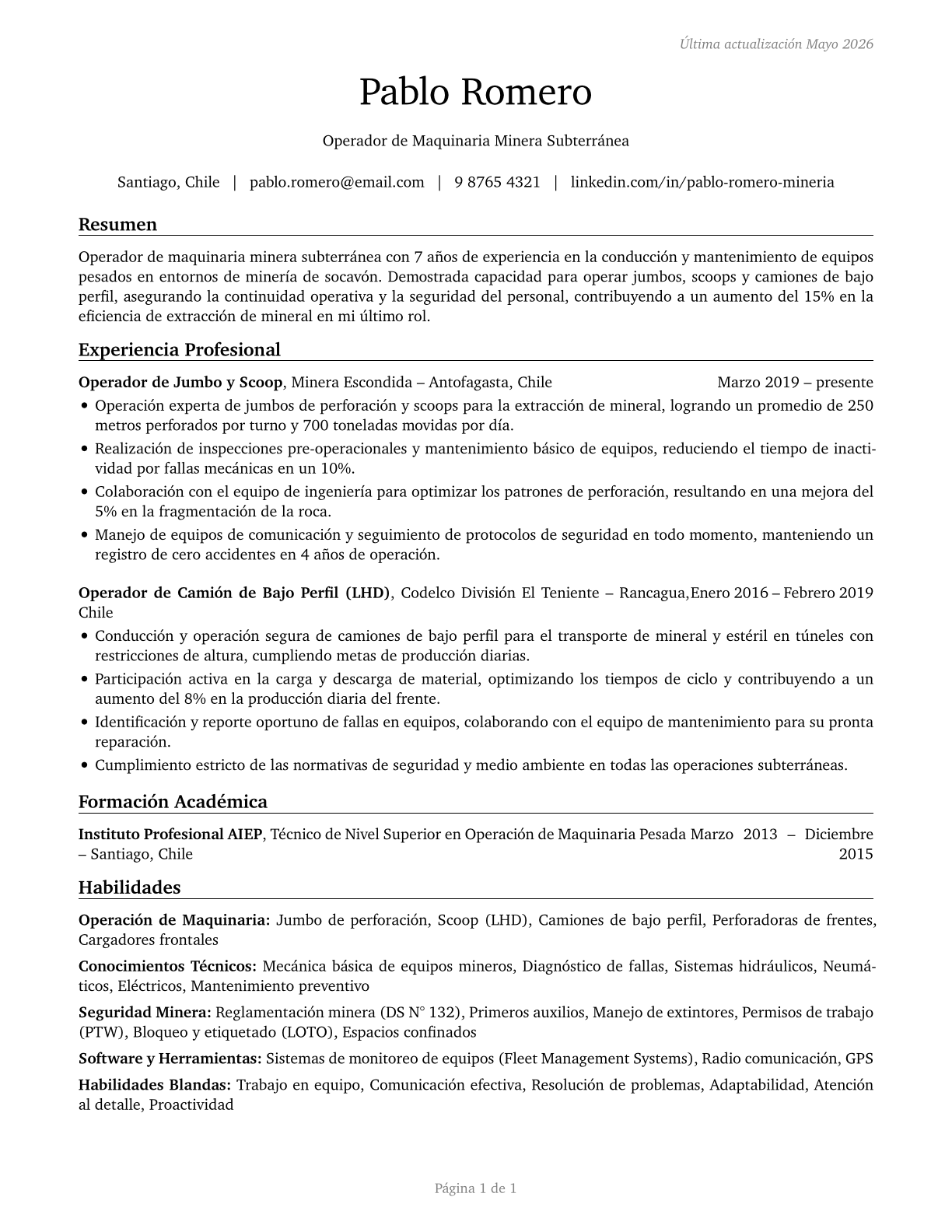 Underground Mining Machine Operators, All Other CV in Spanish — page 1