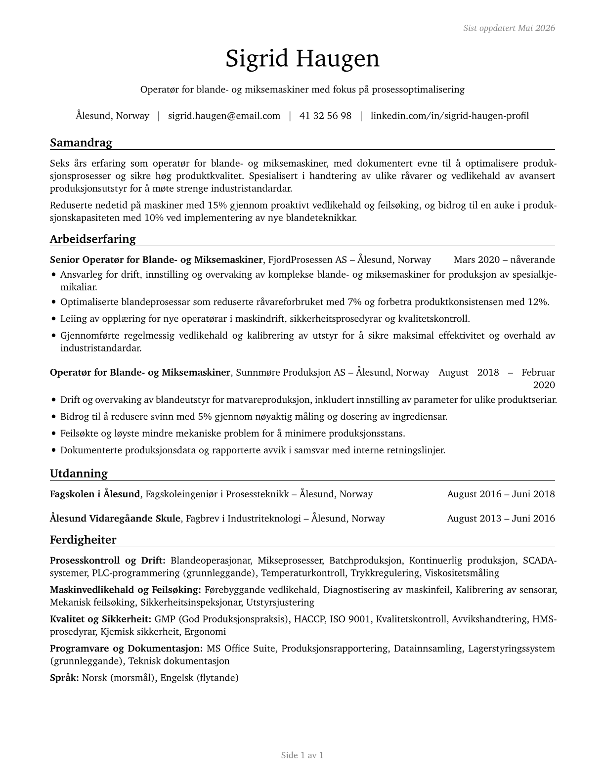 Mixing and Blending Machine Setters, Operators, and Tenders CV in Norwegian_nynorsk — page 1