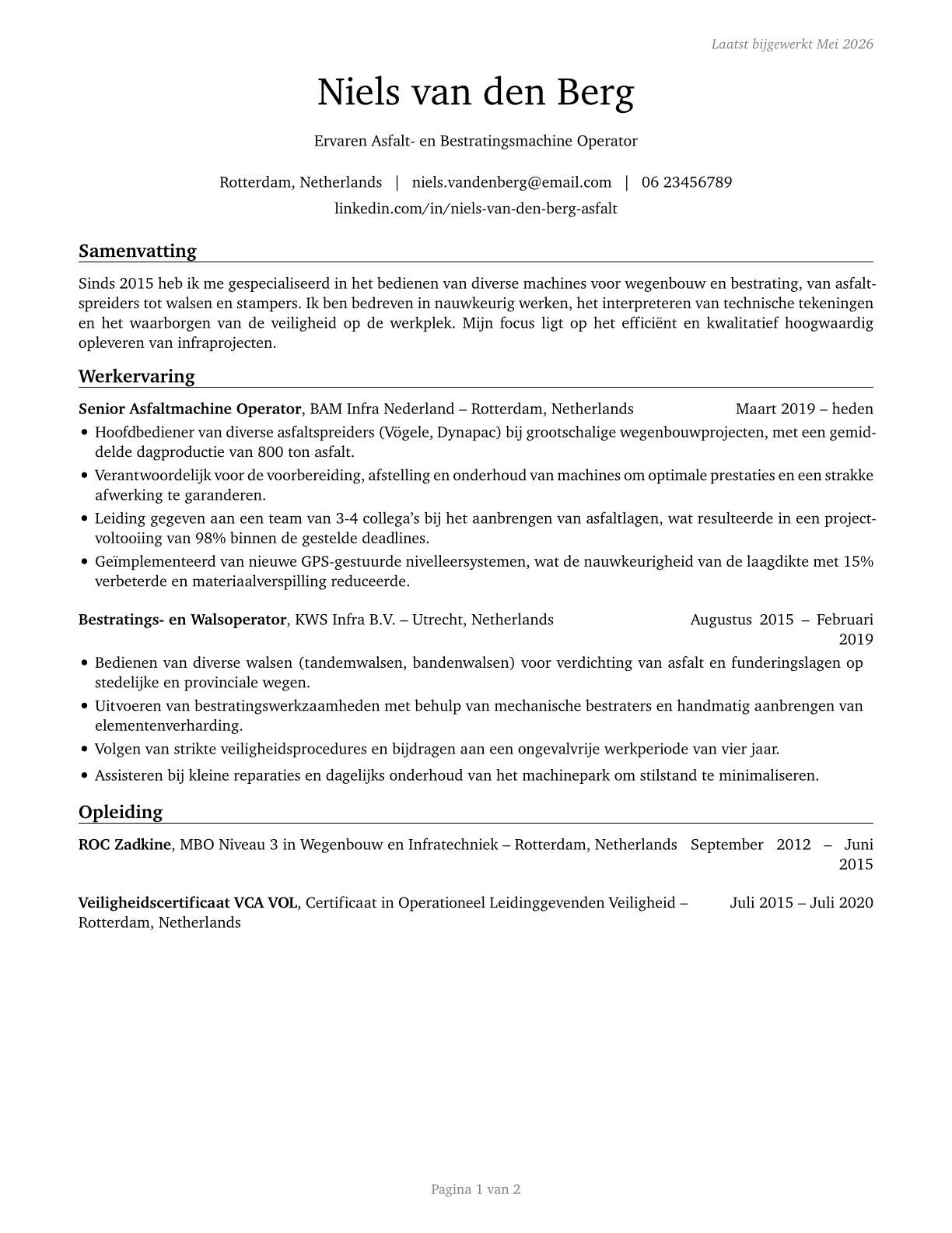 Paving, Surfacing, and Tamping Equipment Operators CV in Dutch — page 1