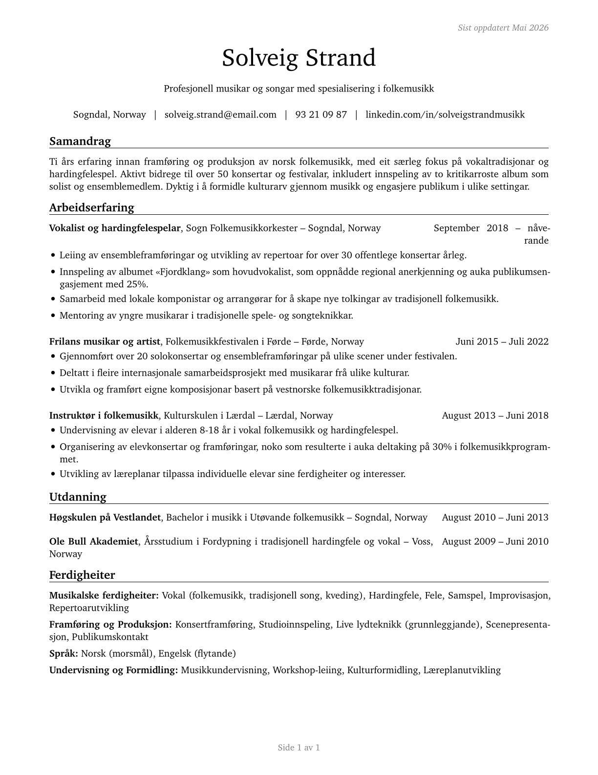 Musicians and Singers CV in Norwegian_nynorsk — page 1