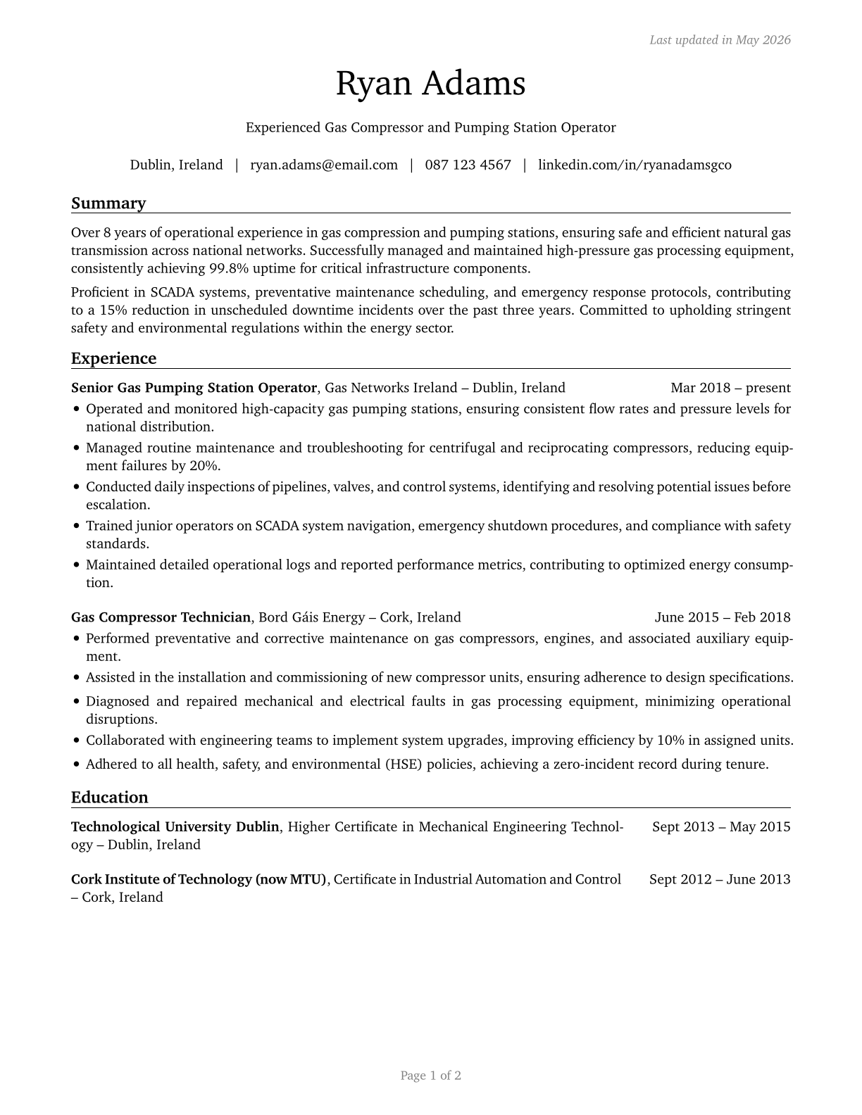 Gas Compressor and Gas Pumping Station Operators CV in English — page 1