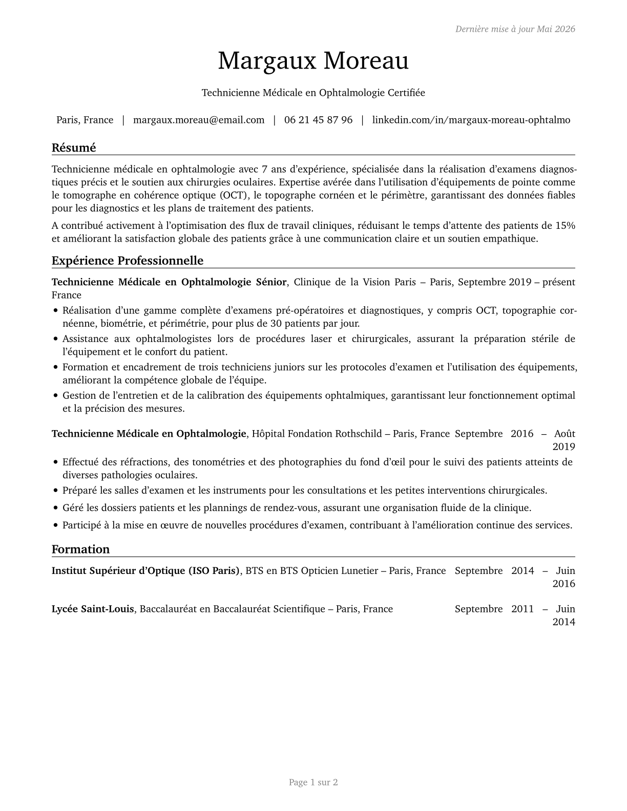 Ophthalmic Medical Technicians CV in French — page 1