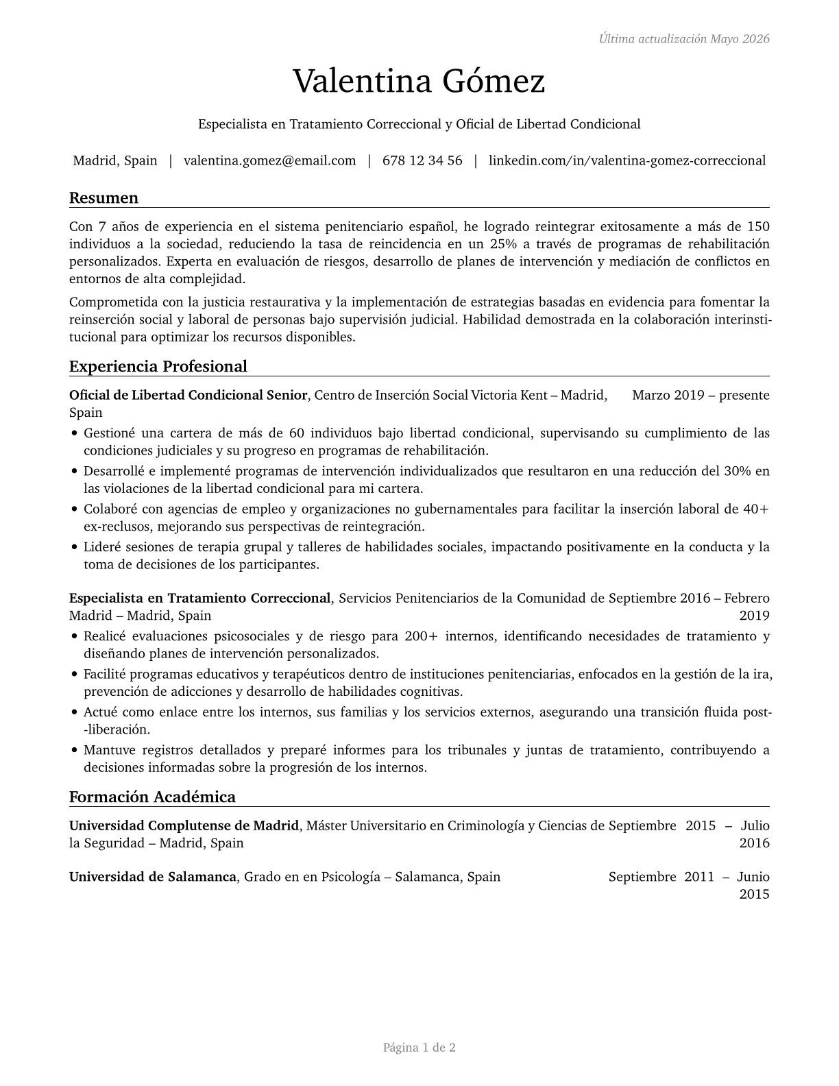 Probation Officers and Correctional Treatment Specialists CV in Spanish — page 1