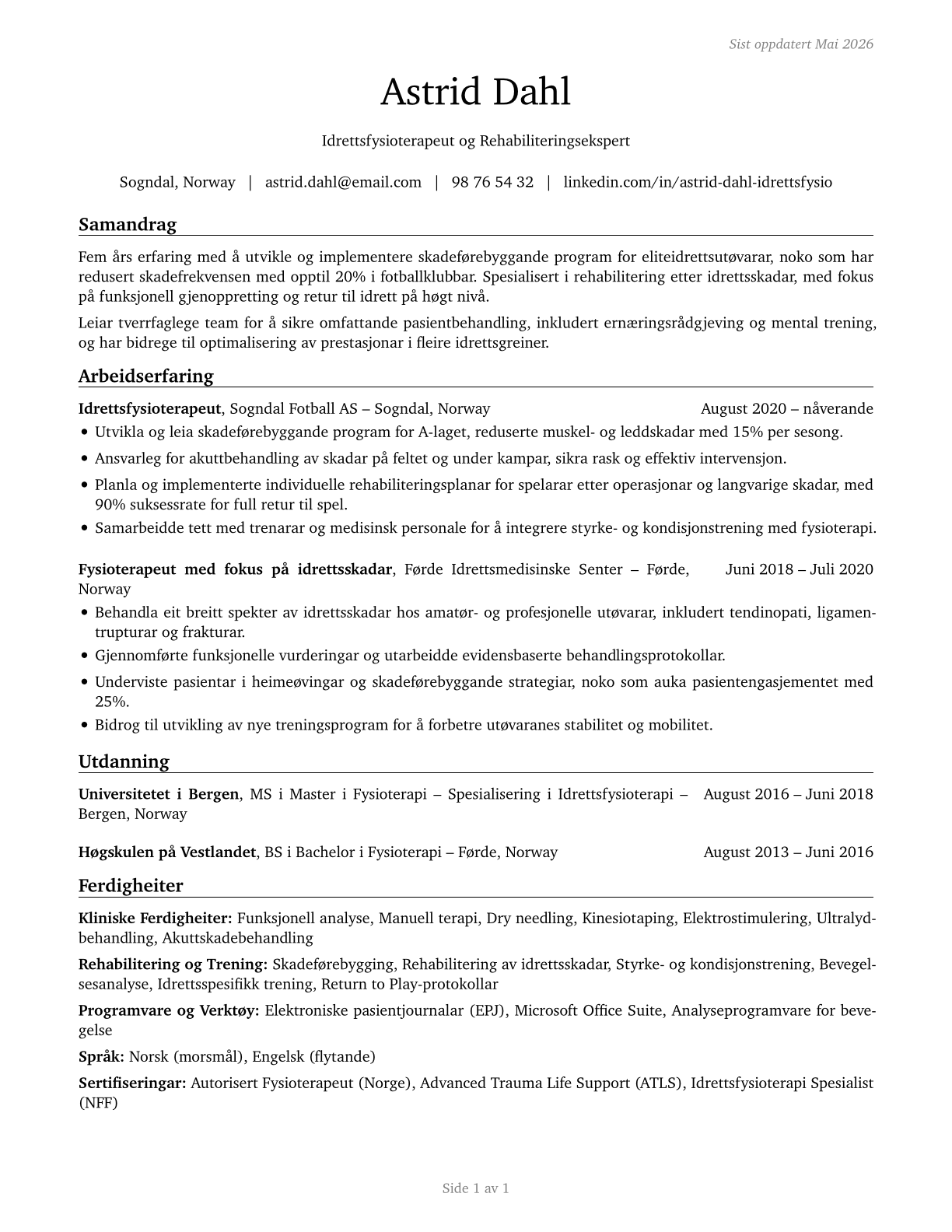 Athletic Trainers CV in Norwegian_nynorsk — page 1
