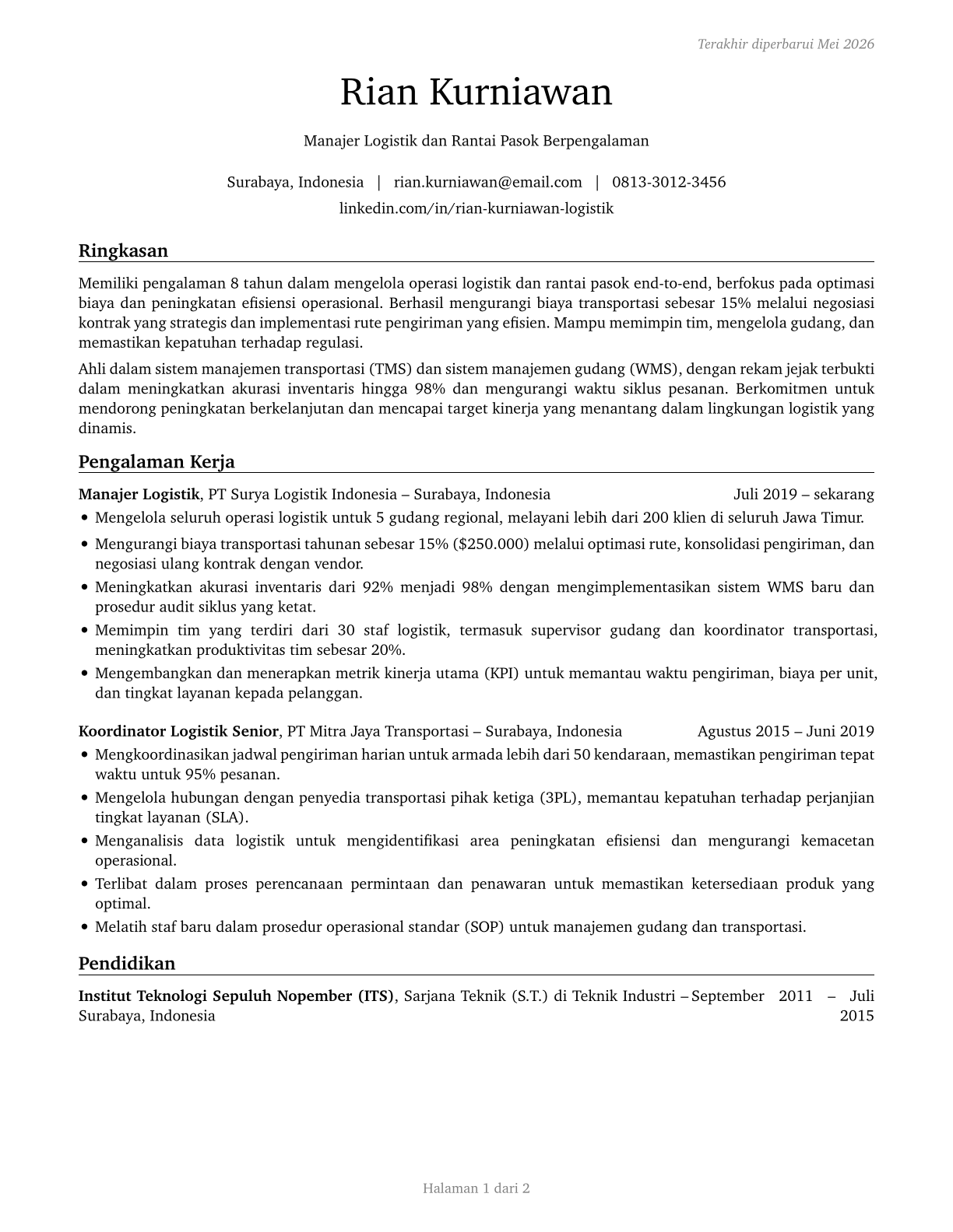 Logisticians CV in Indonesian — page 1