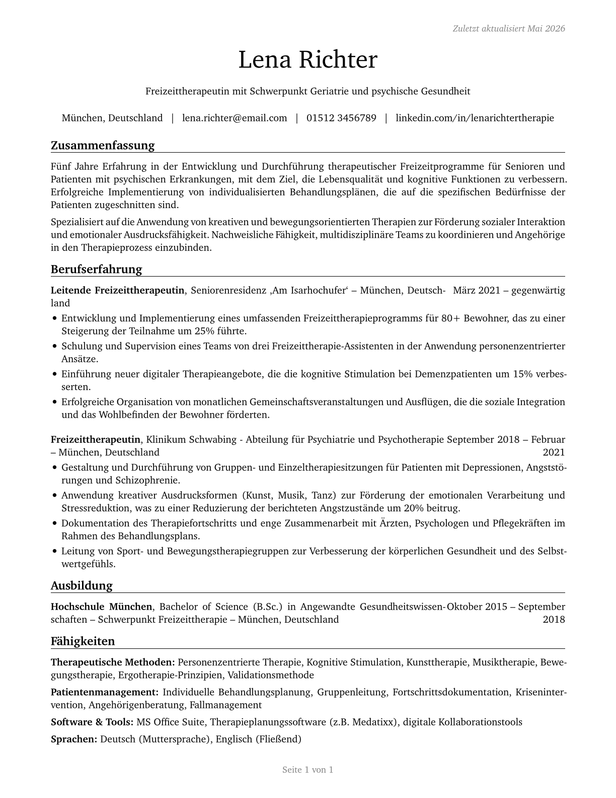 Recreational Therapists CV in German — page 1