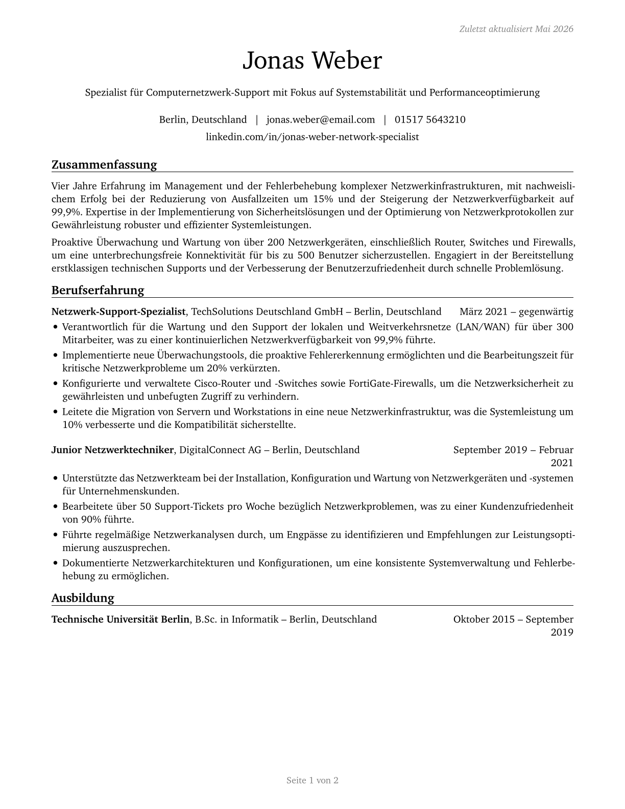 Computer Network Support Specialists CV in German — page 1
