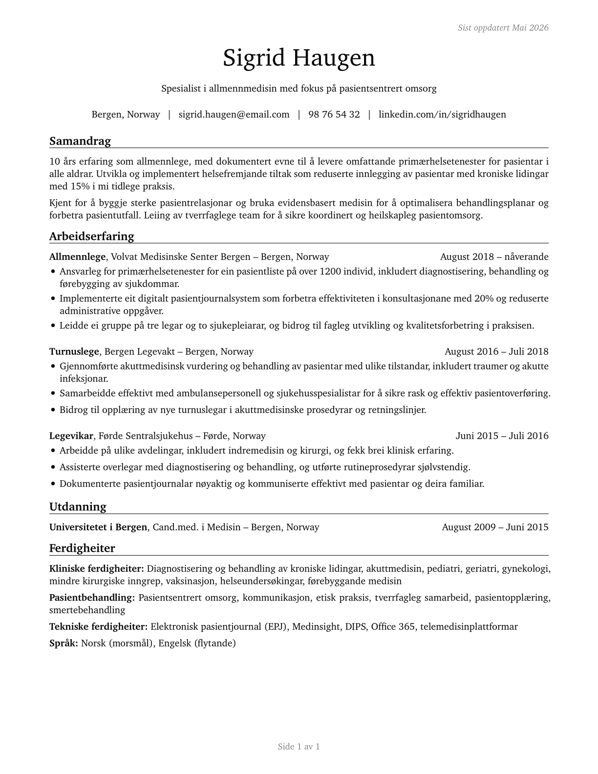 Family Medicine Physicians CV in Norwegian_nynorsk — page 1