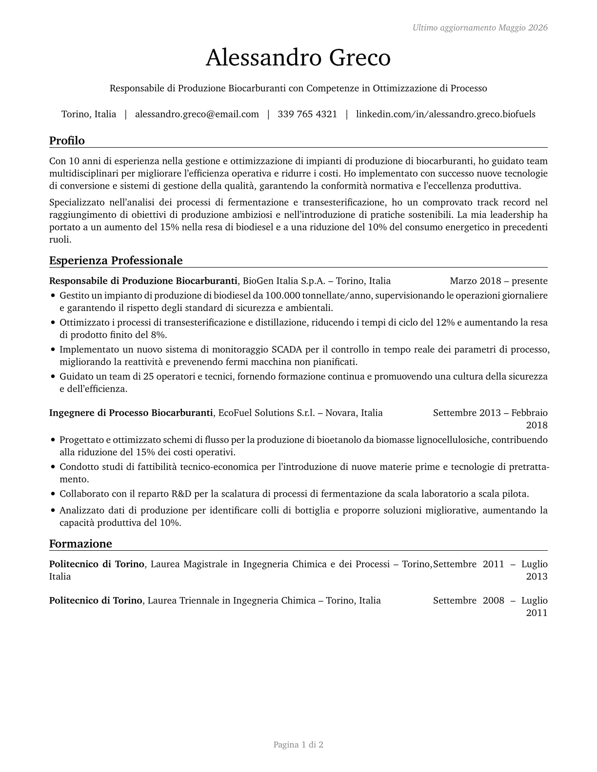 Biofuels Production Managers CV in Italian — page 1