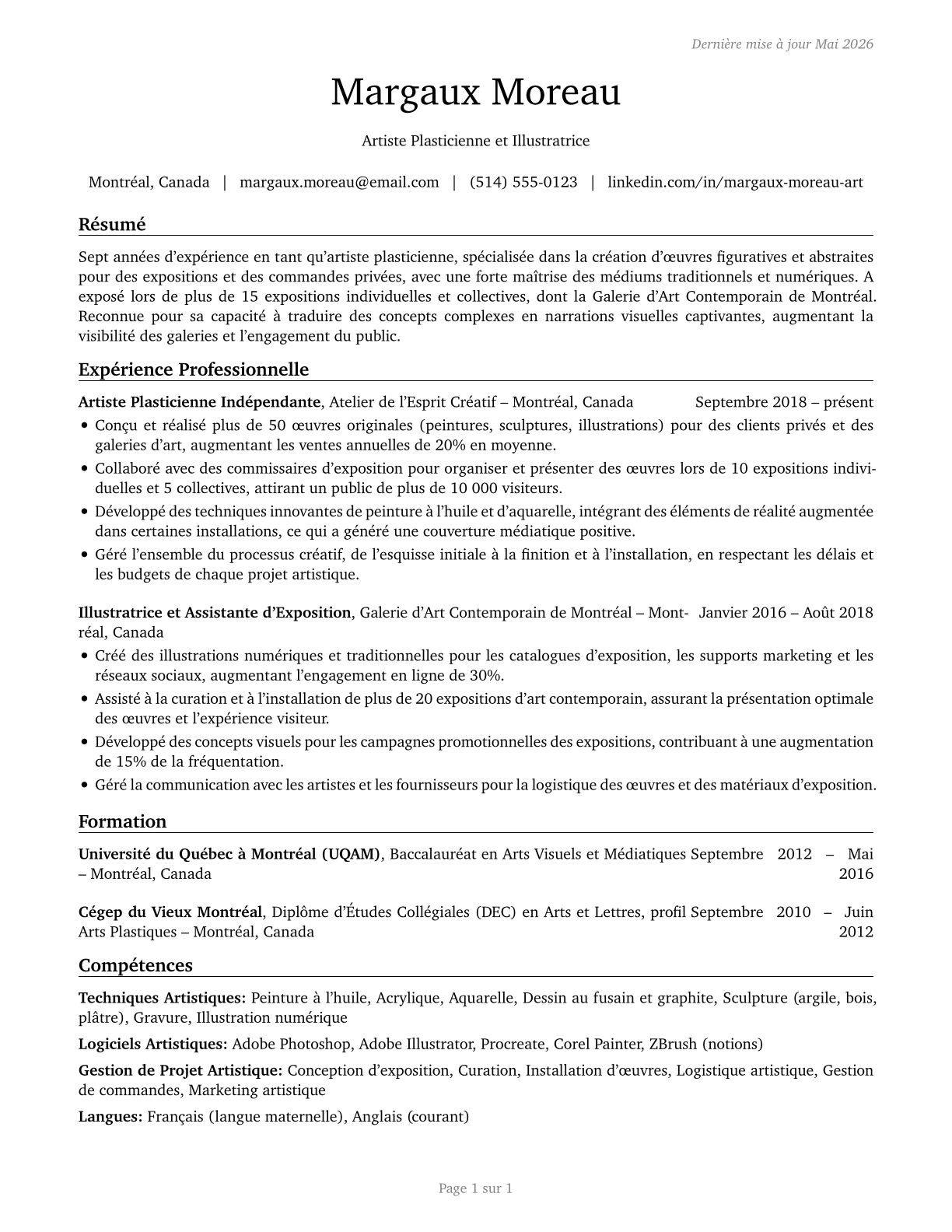 Fine Artists, Including Painters, Sculptors, and Illustrators CV in French — page 1
