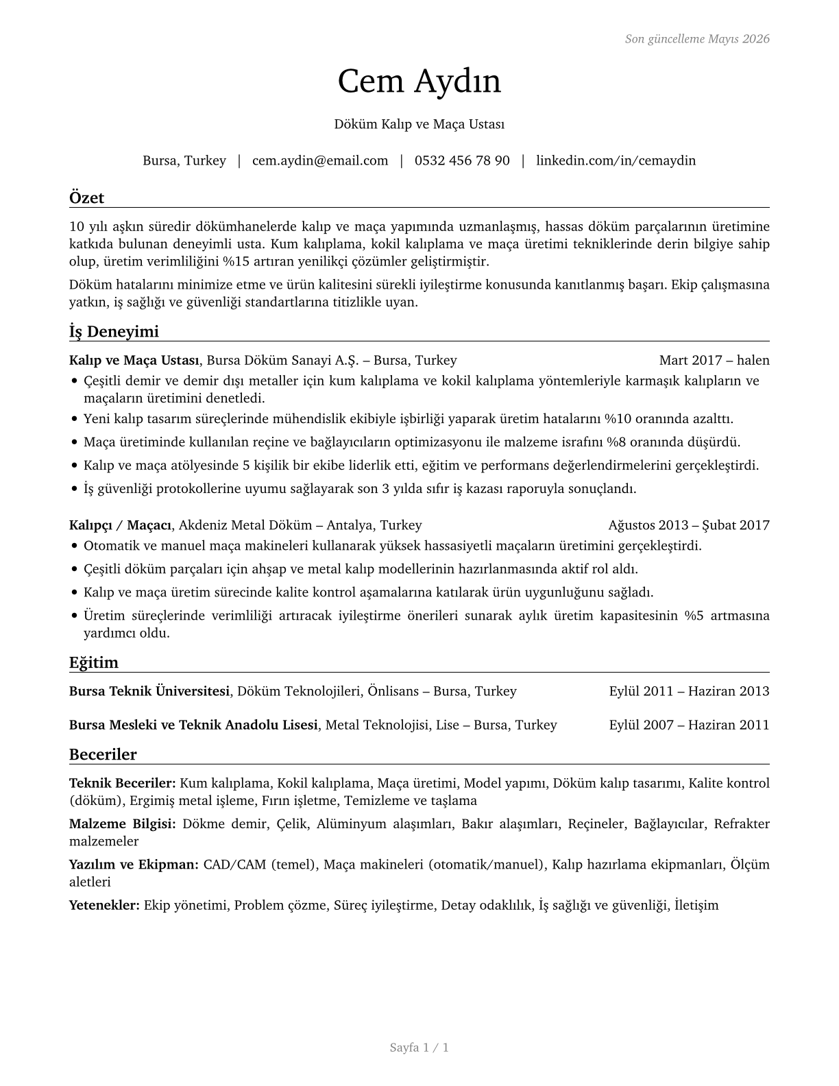 Foundry Mold and Coremakers CV in Turkish — page 1