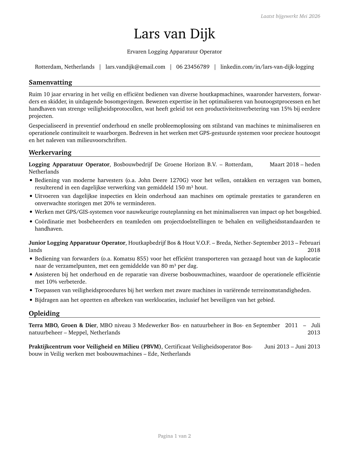 Logging Equipment Operators CV in Dutch — page 1