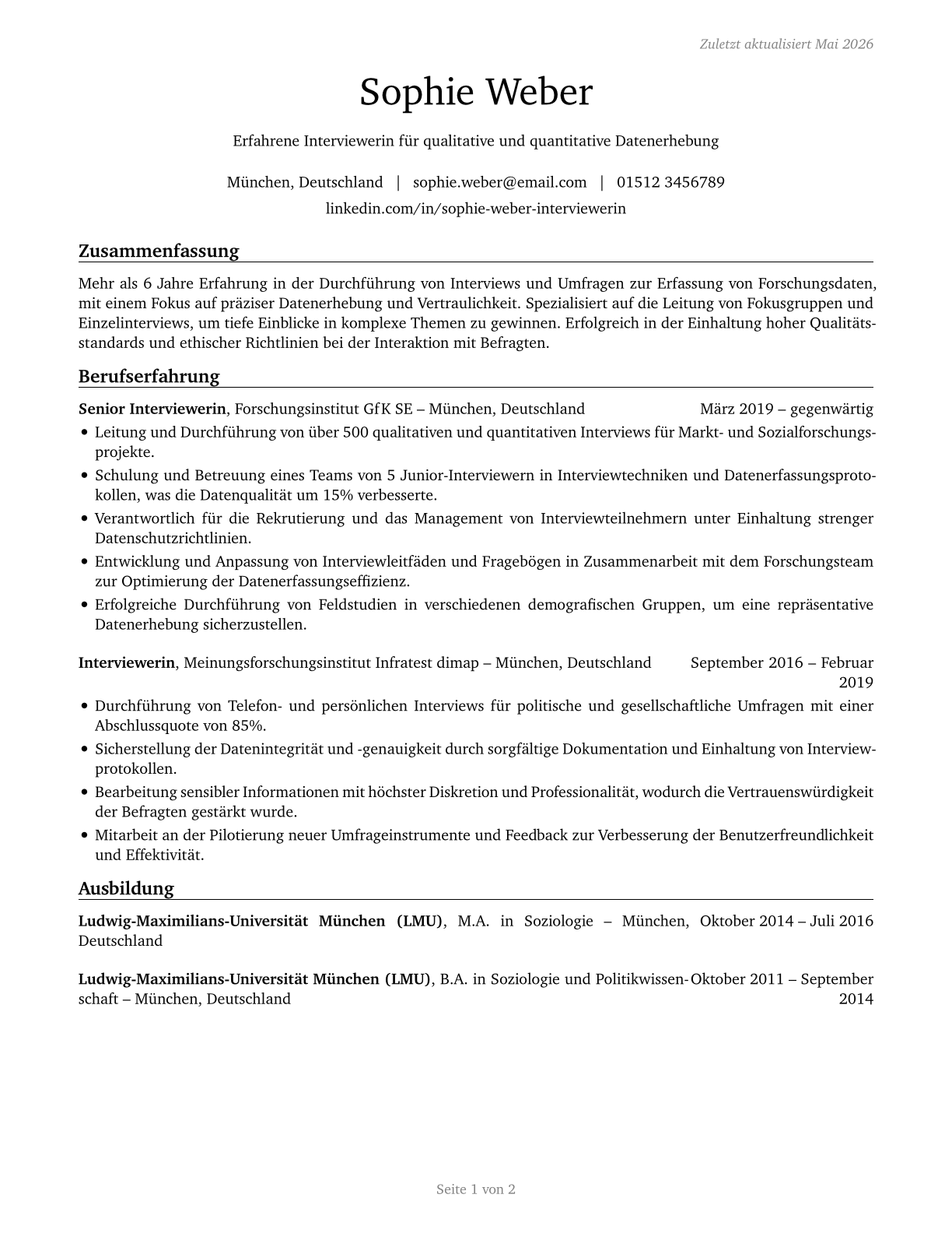 Interviewers, Except Eligibility and Loan CV in German — page 1