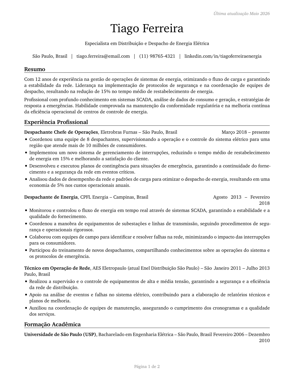 Power Distributors and Dispatchers CV in Portuguese — page 1