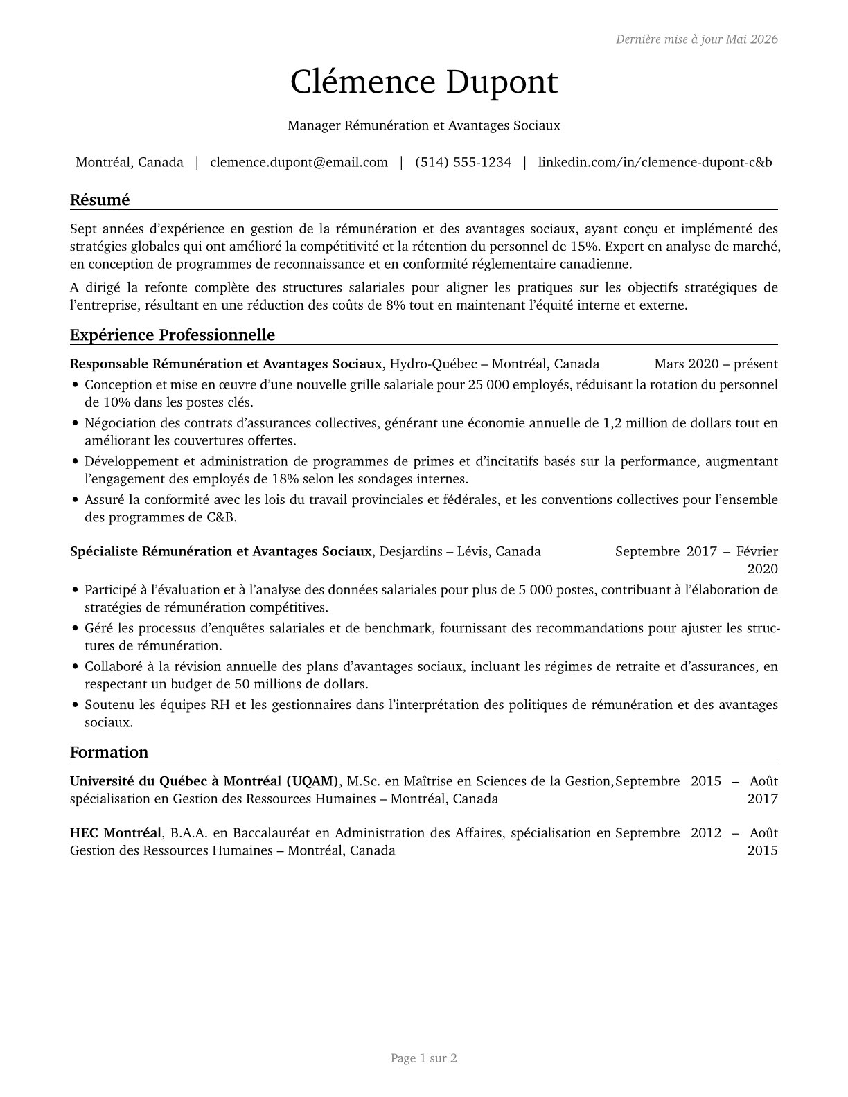 Compensation and Benefits Managers CV in French — page 1